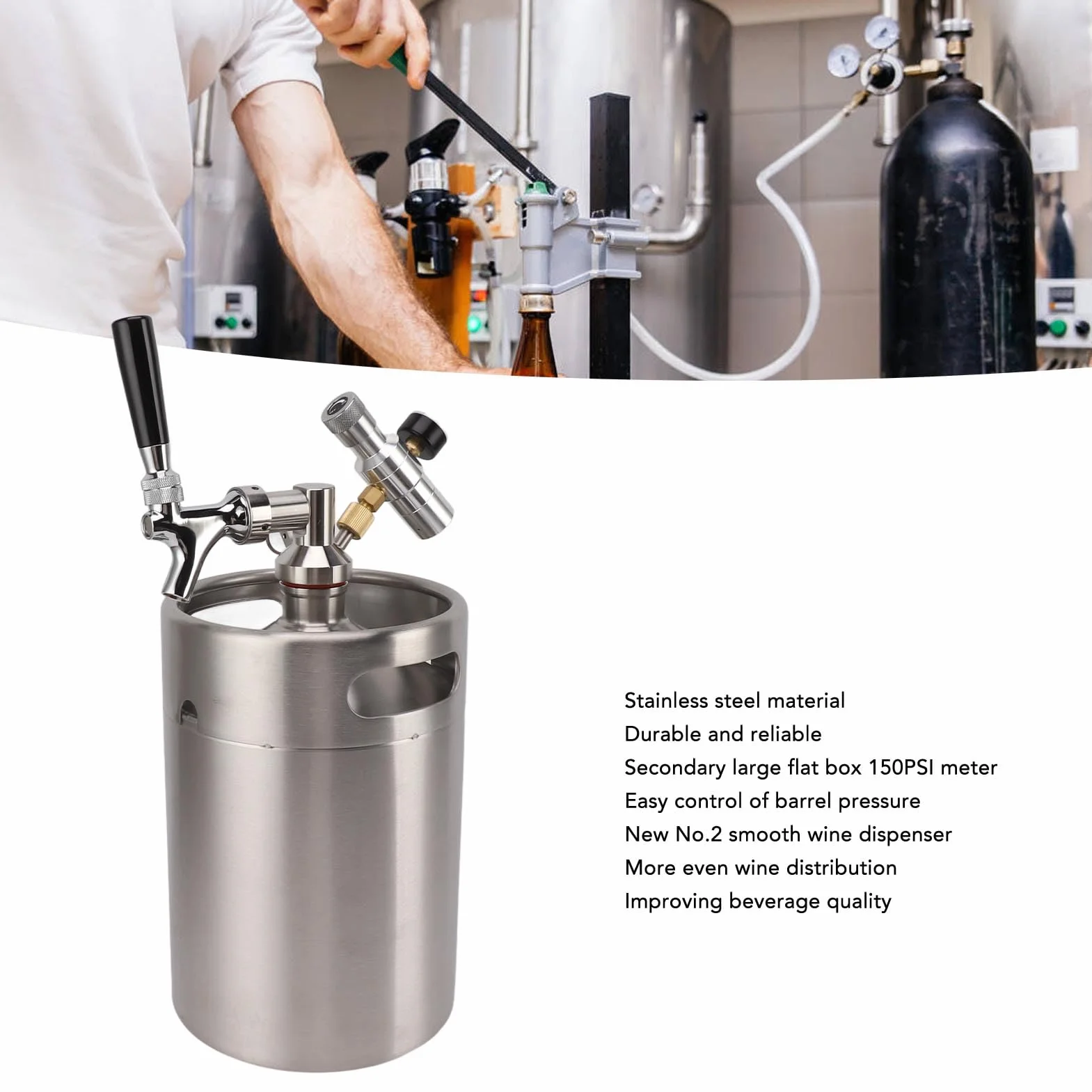 Mini beczka ze stali nierdzewnej 5L z kranem, ciśnieniowa mini beczka Growler Home Keg Kit System z regulowanym kranem Wskaźnik 150PSI do piwa domowego i piwa z beczki