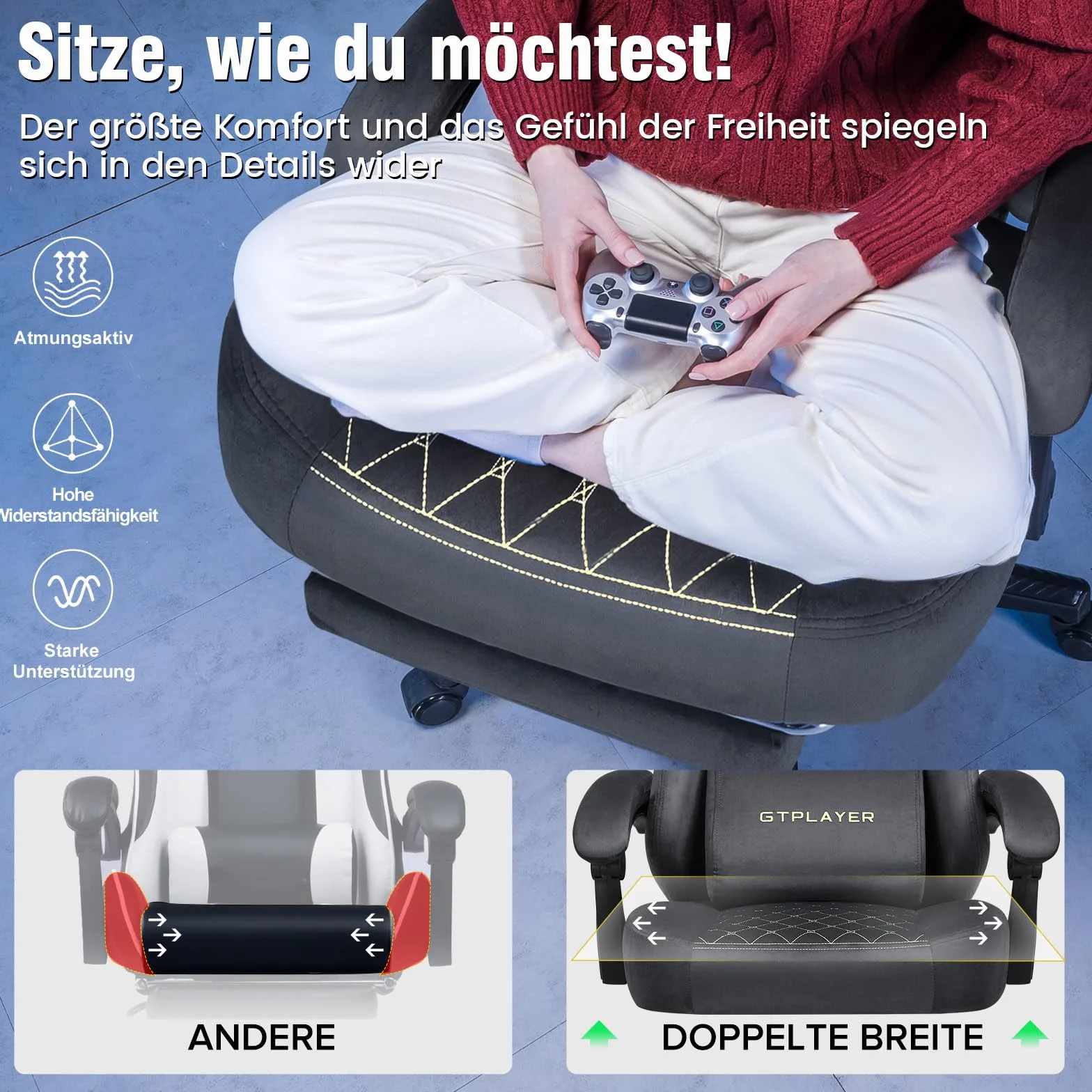 GTPLAYER Ergonomiczne krzesło gamingowe z tkaniny 150 kg regulowane obrotowe poduszka sprężynowa podnóżek szary