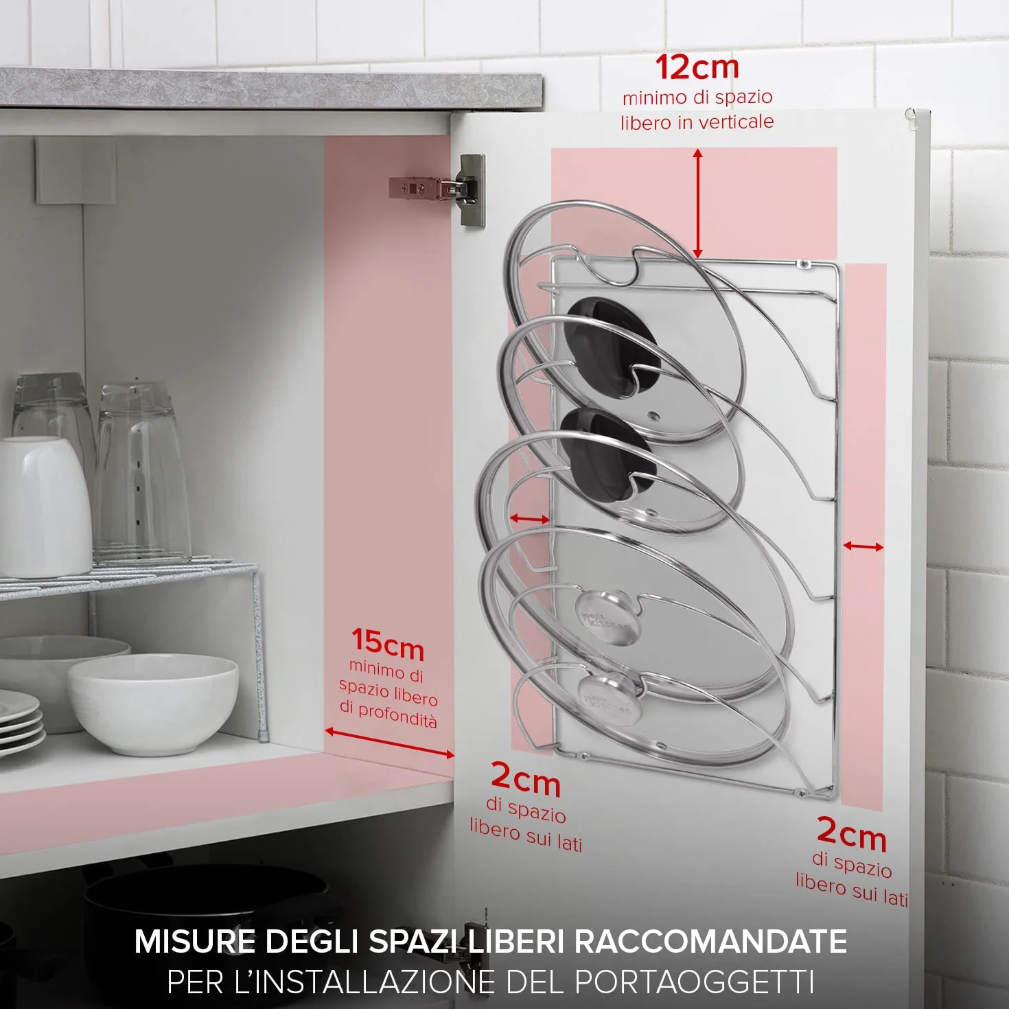 Joeji's Kitchen Uchwyt na pokrywkę do patelni z 5 przegródkami na drzwi szafy, mocny klej, bez wiercenia, duży organizer do szafki lub ściany, stojak do przechowywania pokrywek do garnków