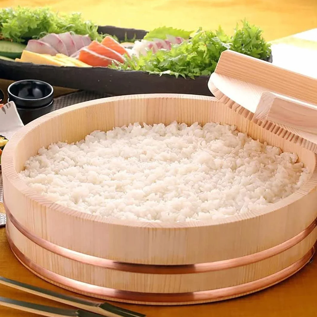 TIKUSAN Drewniana wanna do mieszania ryżu Hangiri Miedziana opaska wyprodukowana w Japonii Sushi Rice Bowl Sushi Oke (33 cm)