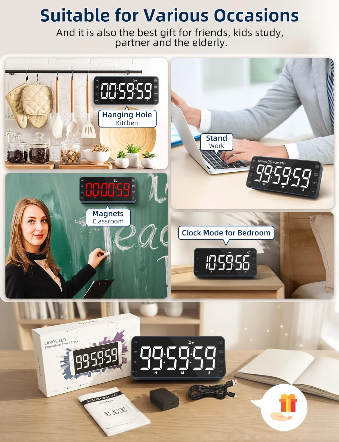 Cyfrowy minutnik kuchenny 7,8 cala z dużym wyświetlaczem LED, magnetyczny licznik czasu, 5 alarmów i 4 poziomy głośności, 99 h odliczanie czasu w górę/dół do gotowania, klasy i nauki