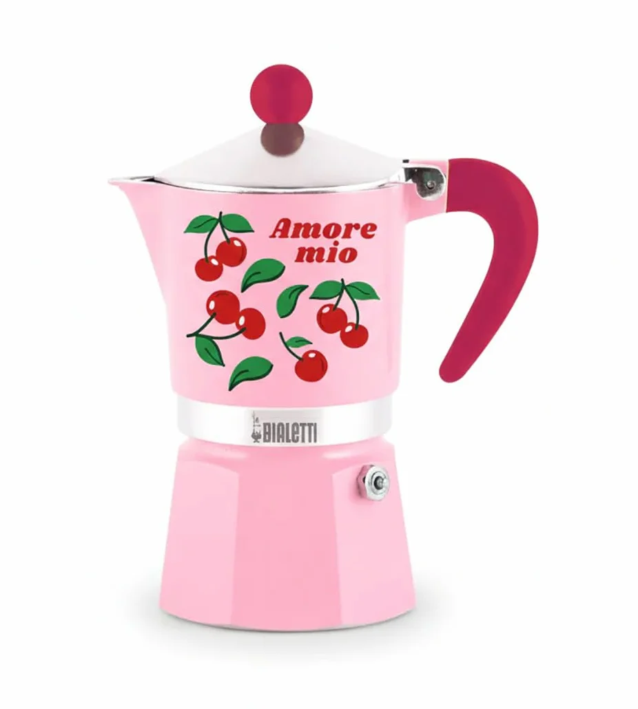 Ekspres do kawy Bialetti Moka Rainbow Amore Mio na 3 filiżanki, czerwony z wiśniami, aluminium, 130 ml, ręczne przygotowywanie kawy espresso