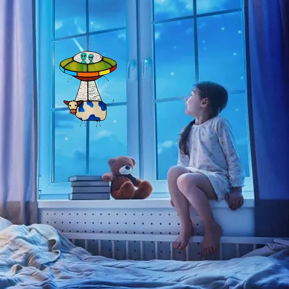 UFO Malowane Witraż Wiszący Panel Drzwi Wiszące Ogród Wystrój Cętkowany B