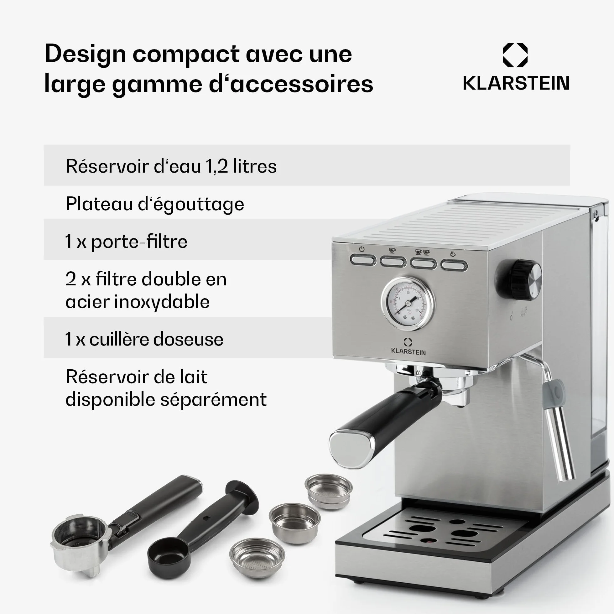 Klarstein Pausa Ekspres do espresso, Ekspres kolbowy 1350 W, 7-9 barów ciśnienia, Kolbowy do kawy ze zbiornikiem: 1,4 litra, Stal nierdzewna, srebrny