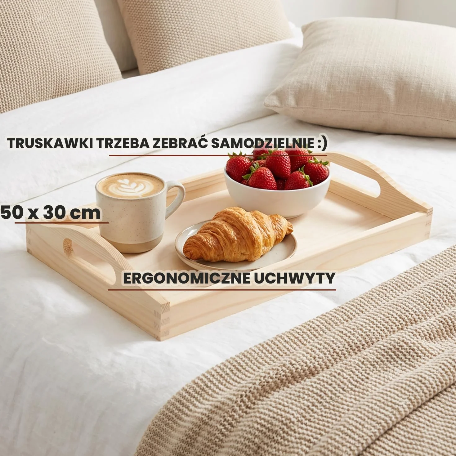 Duża taca z litego drewna 50 x 30 cm - prostokątna drewniana taca z ergonomicznie wyprofilowanymi uchwytami i podwyższonym rantem dla wygodnego serwowania potraw i napojów