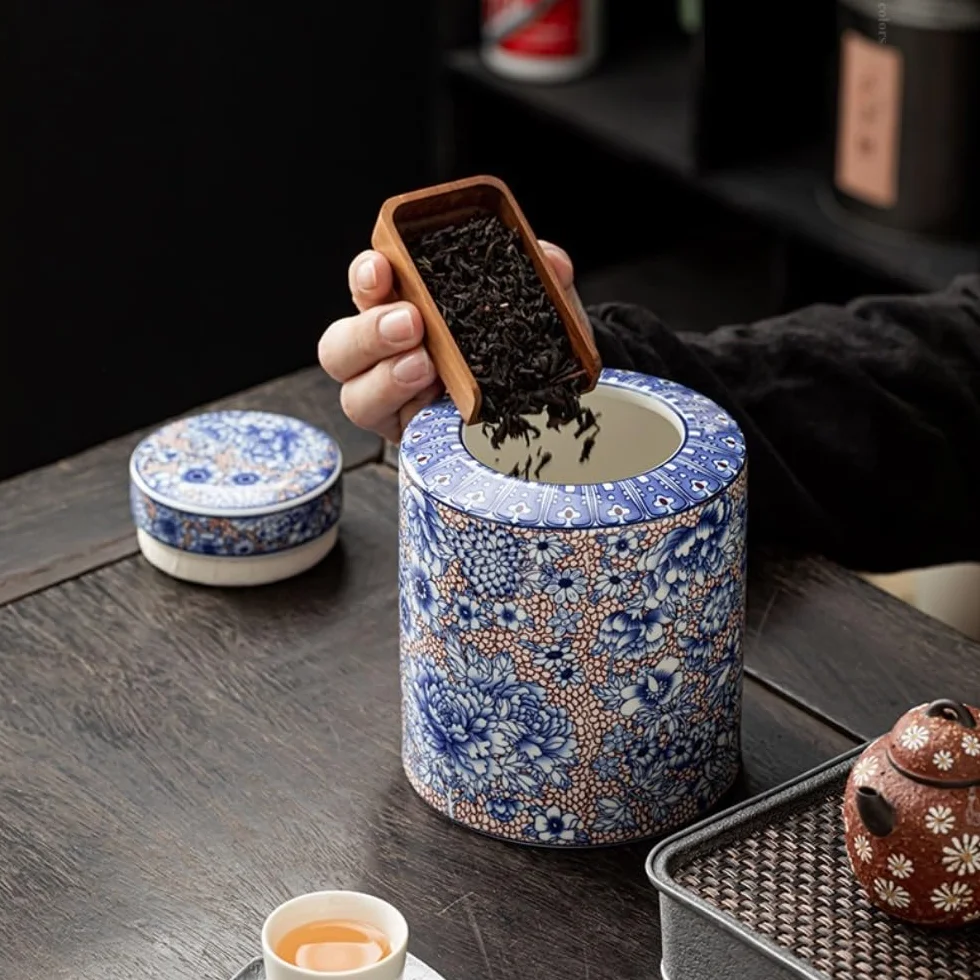 LYGSWDB Pojemnik na herbatę Pojemnik do przechowywania herbaty Jar Ceramiczny szczelnie zamknię słoik Retro Niebiesko-biały porcelanowy zestaw do herbaty Pojedynczy słoik/podwójny słoik Zestaw