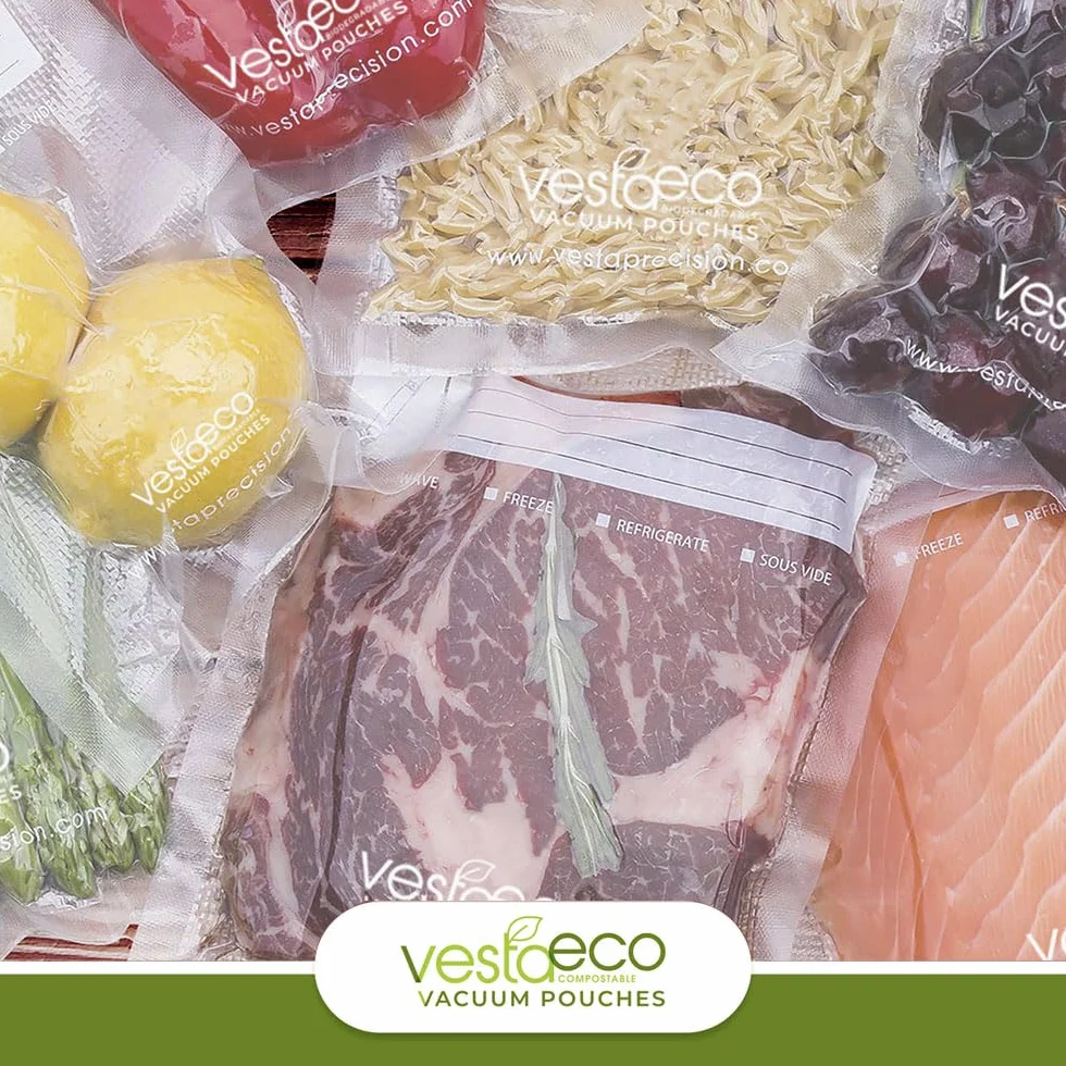 VestaEco worki próżniowe do zgrzewarki kompostowalne firmy Vesta Precision – 50 sztuk – certyfikowane – przezroczyste i wytłaczane – 20 x 30 cm