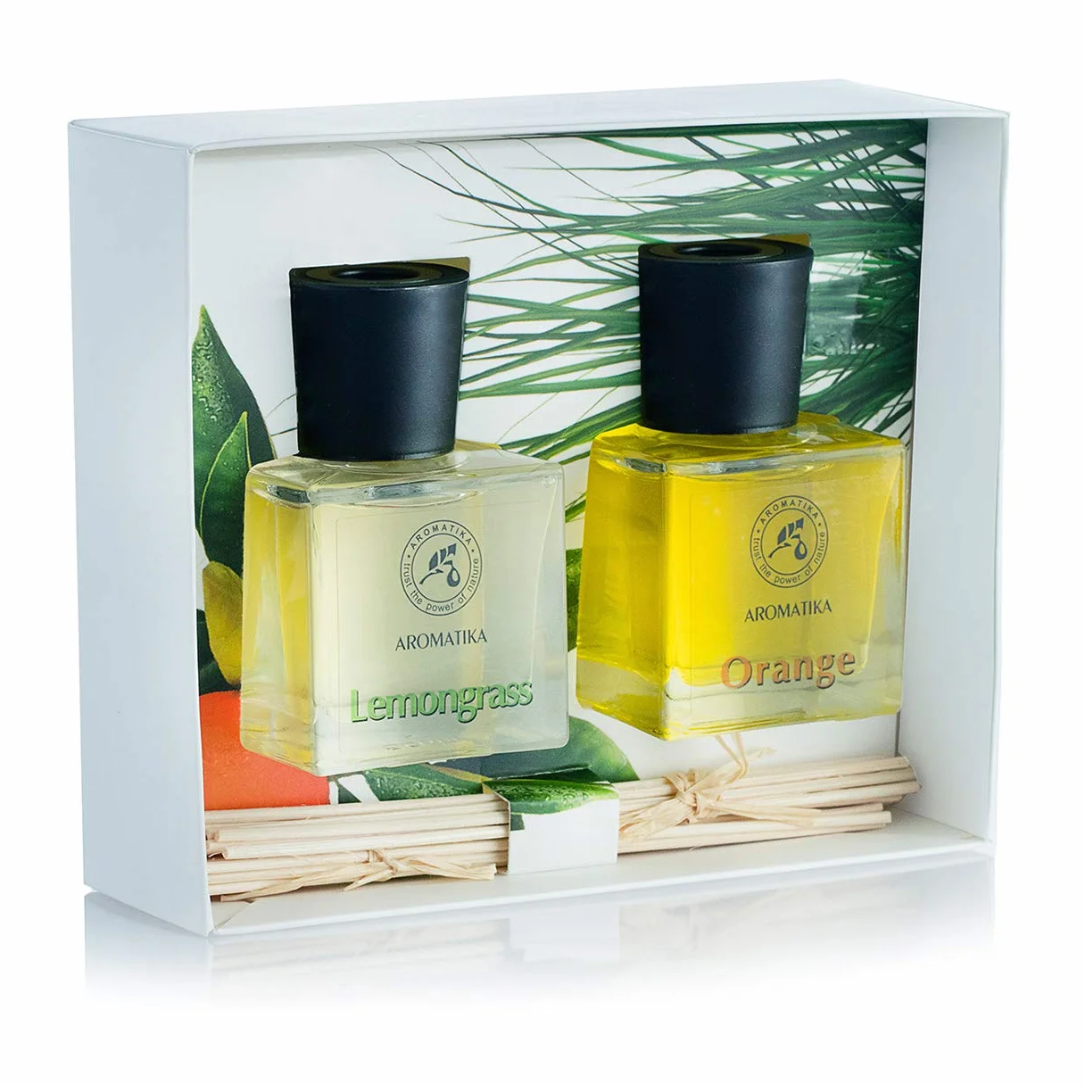 AROMATIKA Reed Diffuser Gift Set 2 x 50 ml with Natural Essential Oils Lemongrass & Orange - Scented Reed Diffusers with Bamboo Sticks - Perfect for Aromatherapy - Bedroom - Office - Home Diffusers