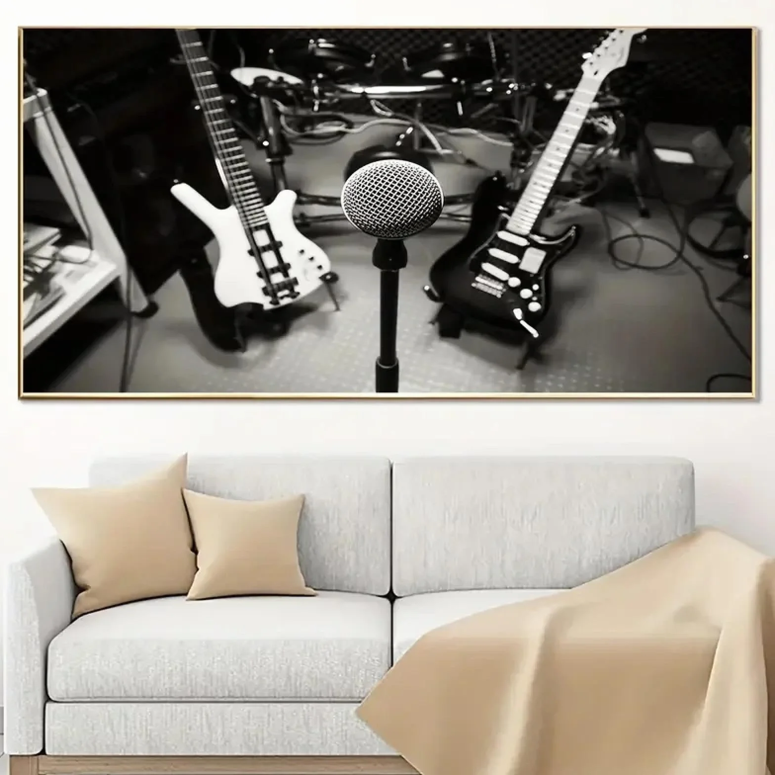ZHAOLIN Czarno-biały styl plakat z nadrukiem na płótnie, instrumenty muzyczne obraz na gitarze, sztuka ścienna na płótnie, grafika farba ścienna 55 x 110 cm wewnętrzna ramka