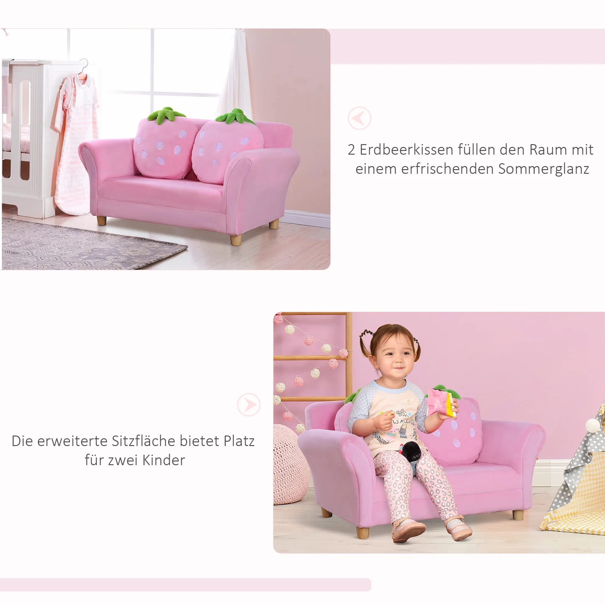 HOMCOM Sofa dziecięca, fotel dziecięcy, sofa, kanapa, krzesło do pokoju dziecięcego, miękka sofa, podwójna sofa pojedyncza (sofa truskawkowa)