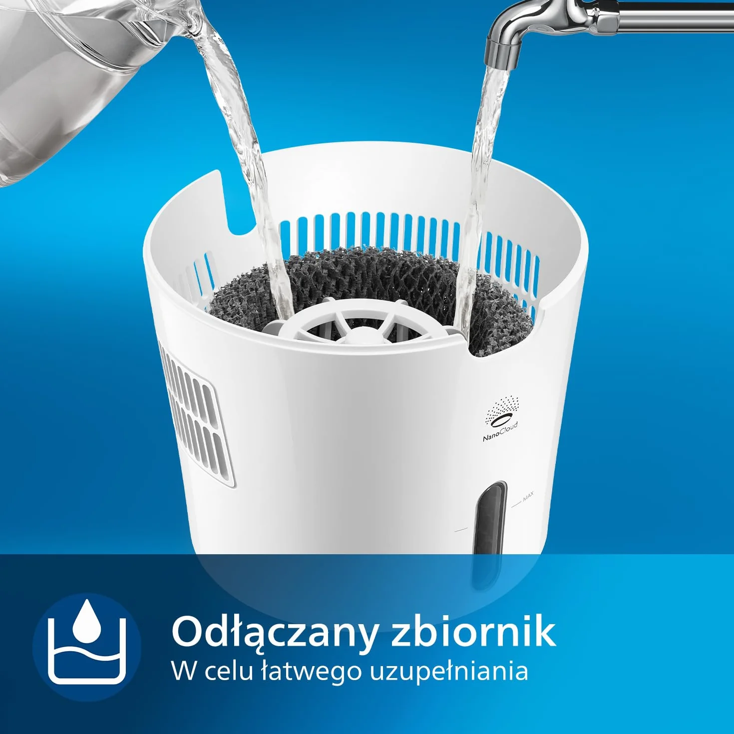 Philips Nawilżacz Powietrza Serii 2000, Nawilża Pomieszczenia do 38 m², Technologia NanoCloud, 2 Prędkości, 2l zbiornik na wodę, cichy, kolor biało/kremowy (HU4811/10)