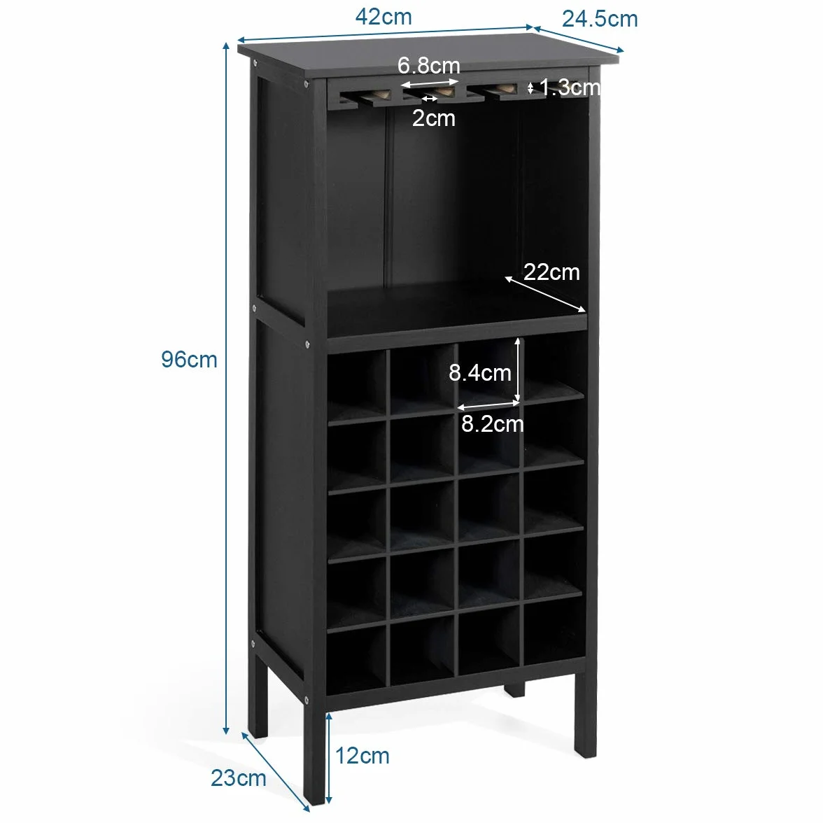 COSTWAY Szafka na wino na 20 butelek, drewniany regał na wino z uchwytem na szkło, regał na butelki, stojak na wino do kuchni, baru, 42 x 24,5 x 96 cm (czarny)