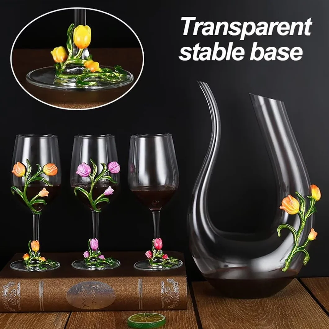 Emaliowana szklana karafka do wina, bezołowiowy kryształowy kielich, 350 ml, dekoracyjny zestaw upominkowy z długim uchwytem, eleganckie pudełko na prezent ślubny (żółty - 2 sztuki)