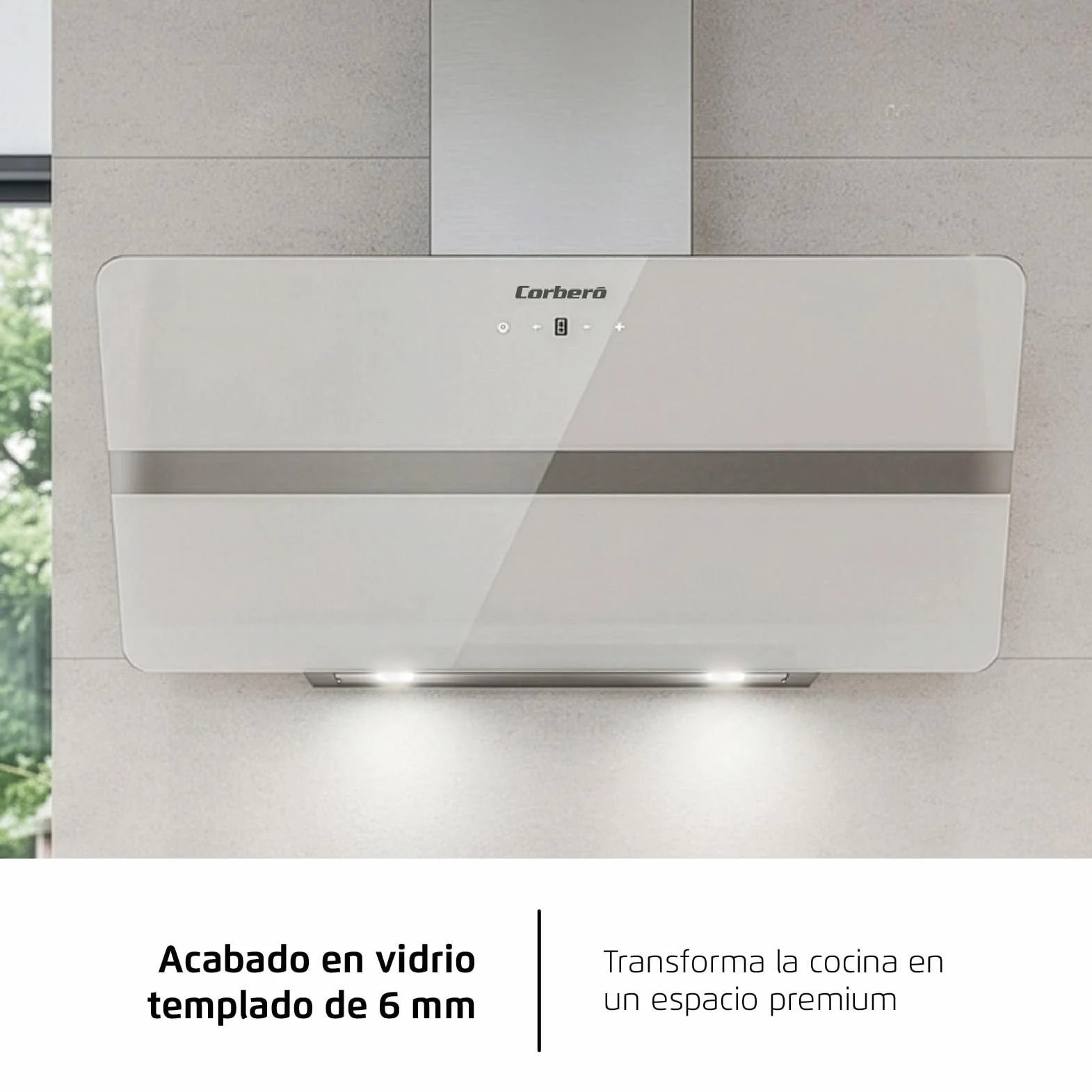 Corberó VicTORIA960W Dekoracyjny Dzwonek, 90 cm, 165 W, 3 prędkości, Control Touch, Przepływ 594,2 m3/h, kolor szkła hartowanego, 1 x filtr aluminiowy, filtr węglowy, energia A