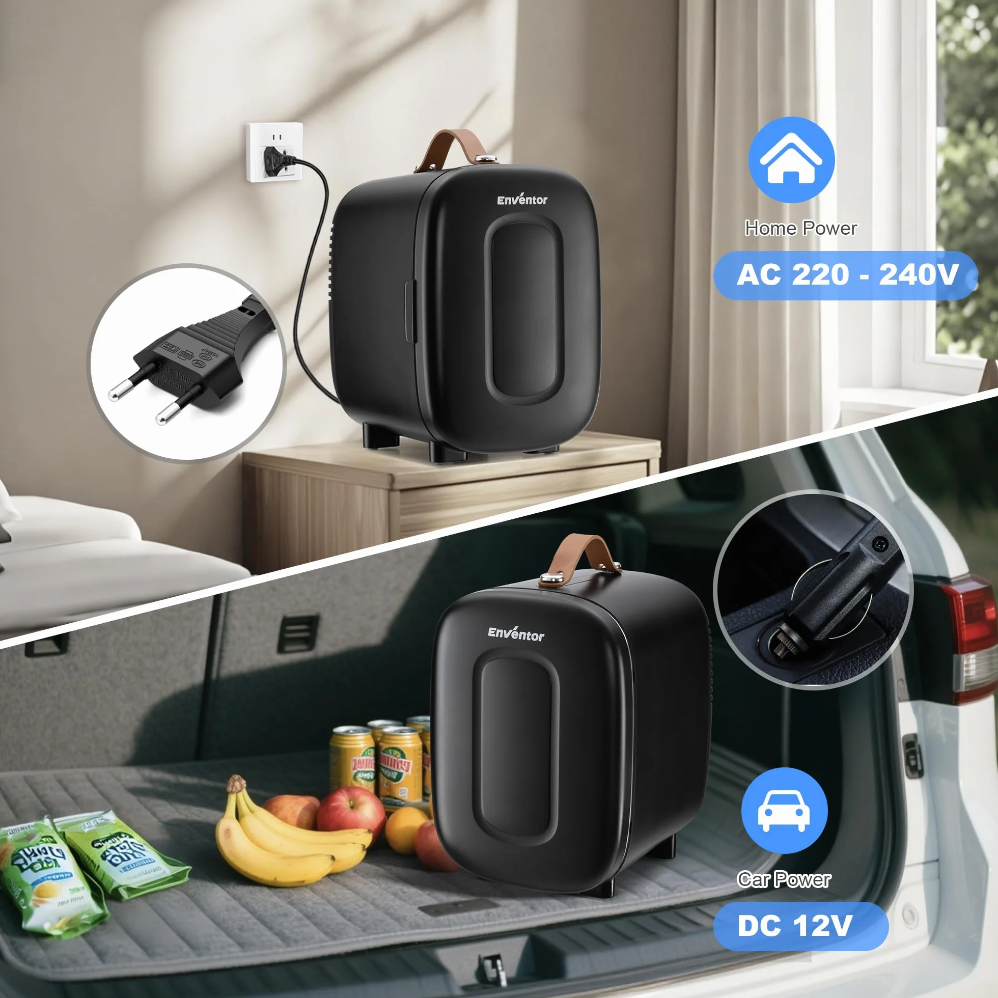 Enventor Mini lodówka, 4 litry/6 puszek, przenośna chłodziarka i ogrzewacz, zasilanie AC + 12 V DC, mała lodówka do sypialni, samochodu, pielęgnacji skóry, owoców i napojów, czarna
