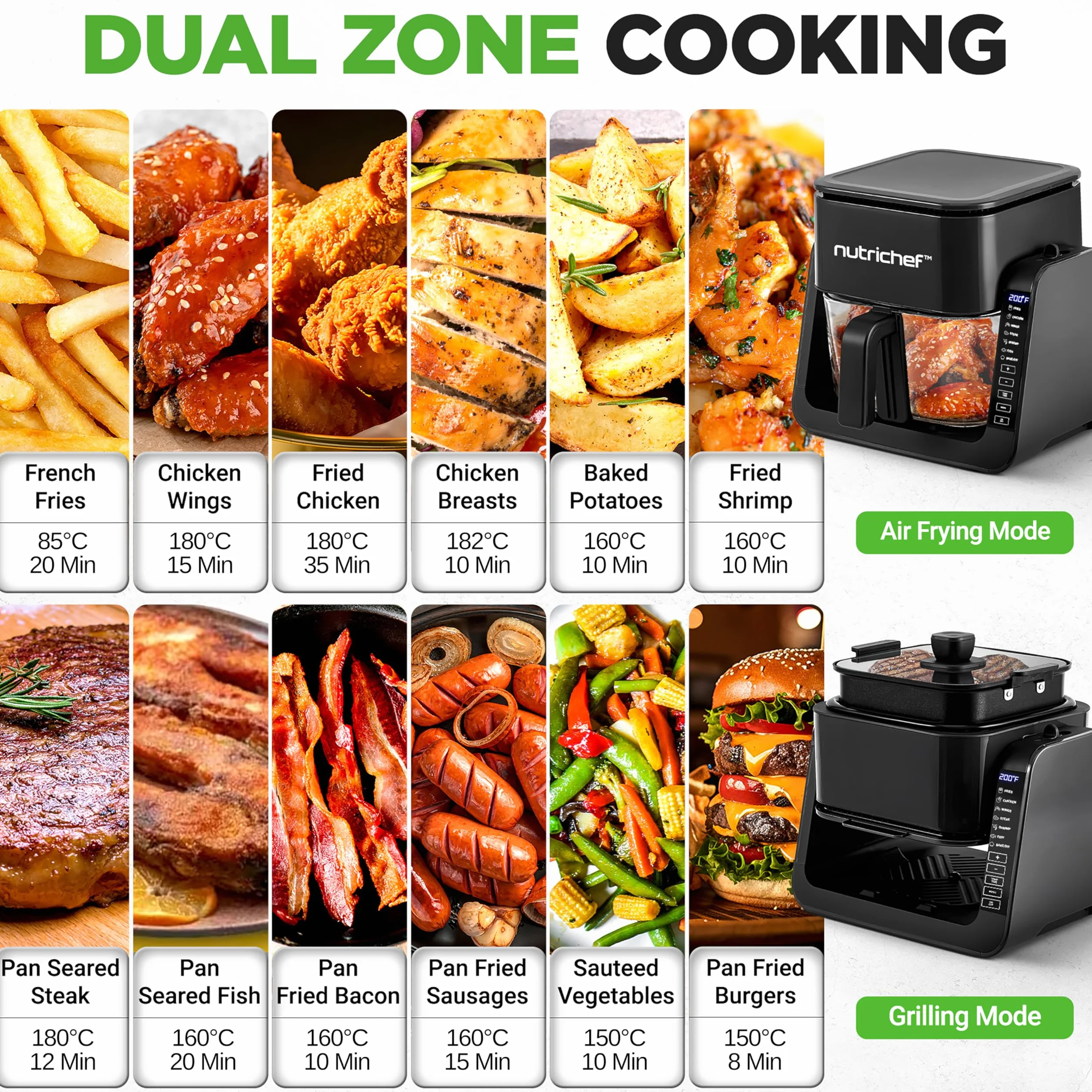 NutriChef Frytkownica Powietrzna i Grill 4 QT, 7 Wstępnie Ustawionych Trybów, Przezroczysta Misa, Smaży Krewetki, Steki, Frytki i Więcej, Frytkownica 4 QT i Grill 1.2 QT
