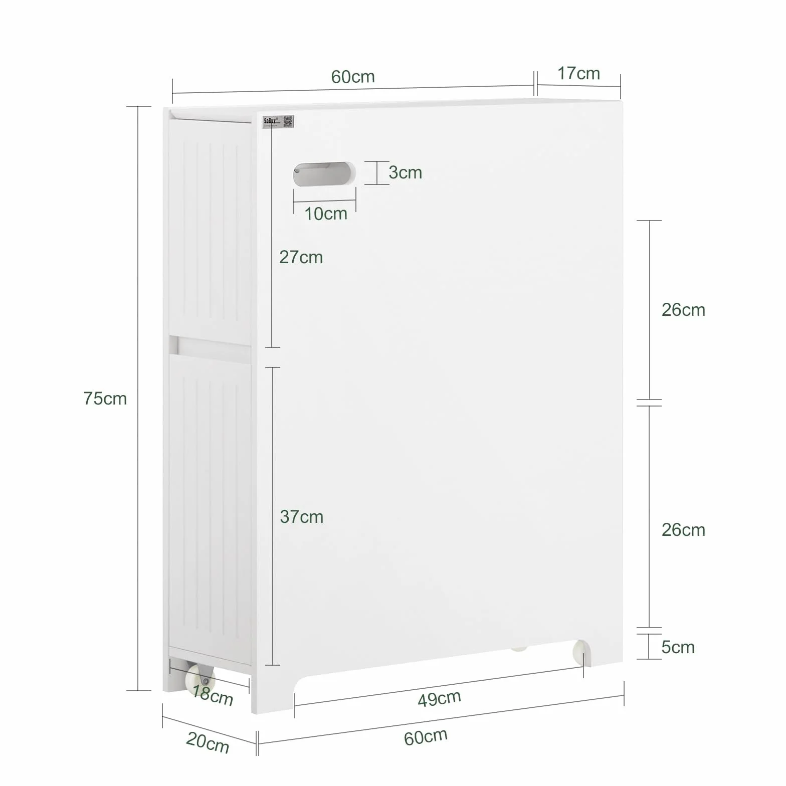 SoBuy BZR111-W Wąska Szafka Łazienka na Papier Toaletowy na Kółkach 20 x 60 x 75 cm
