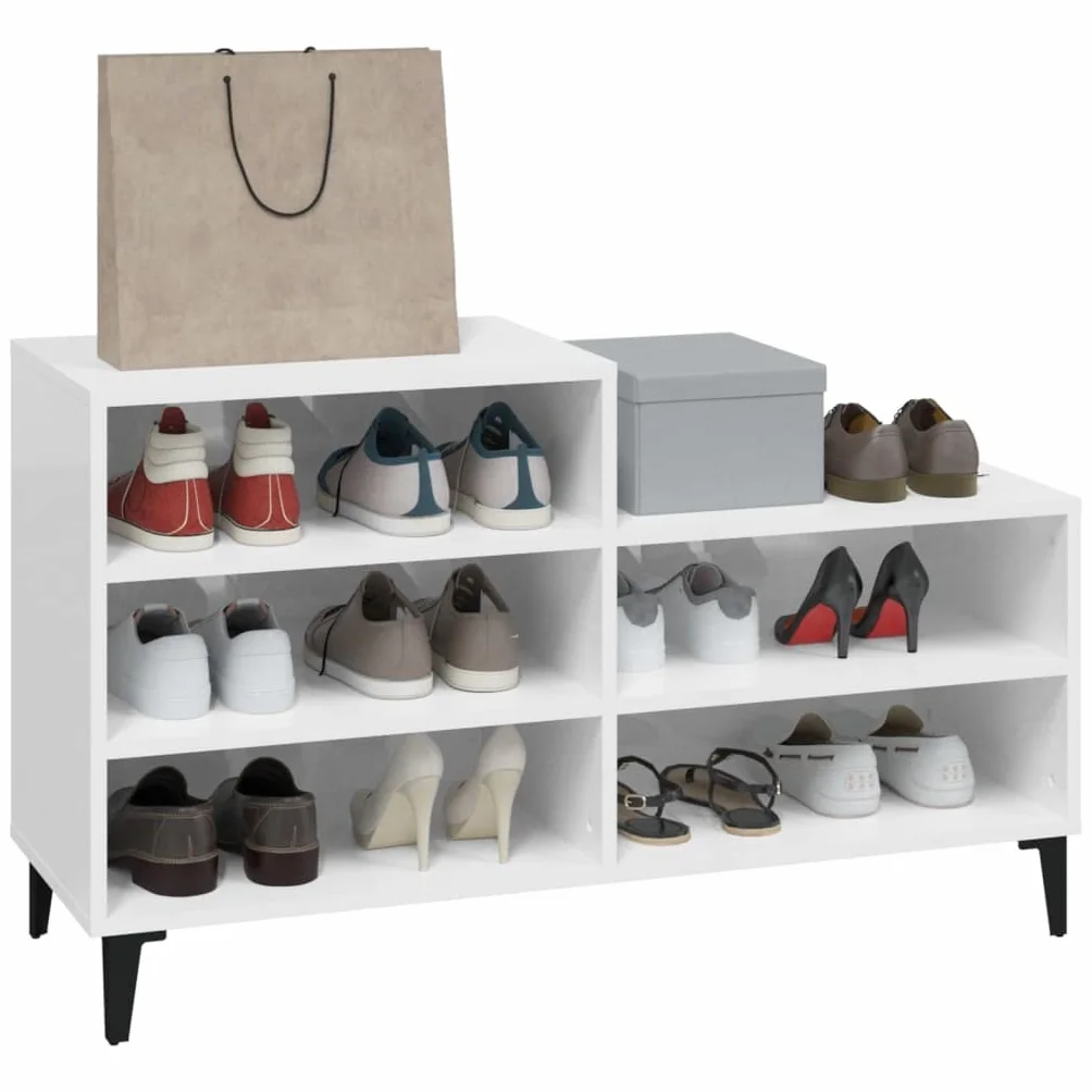 Regał na buty, wysoki połysk, biały, materiał drewnopochodny z metalowymi nóżkami 102 x 36 x 60 cm, 5 półek, płaski, wąski, do korytarza, korytarza, sypialni, porządku i przechowywania, z