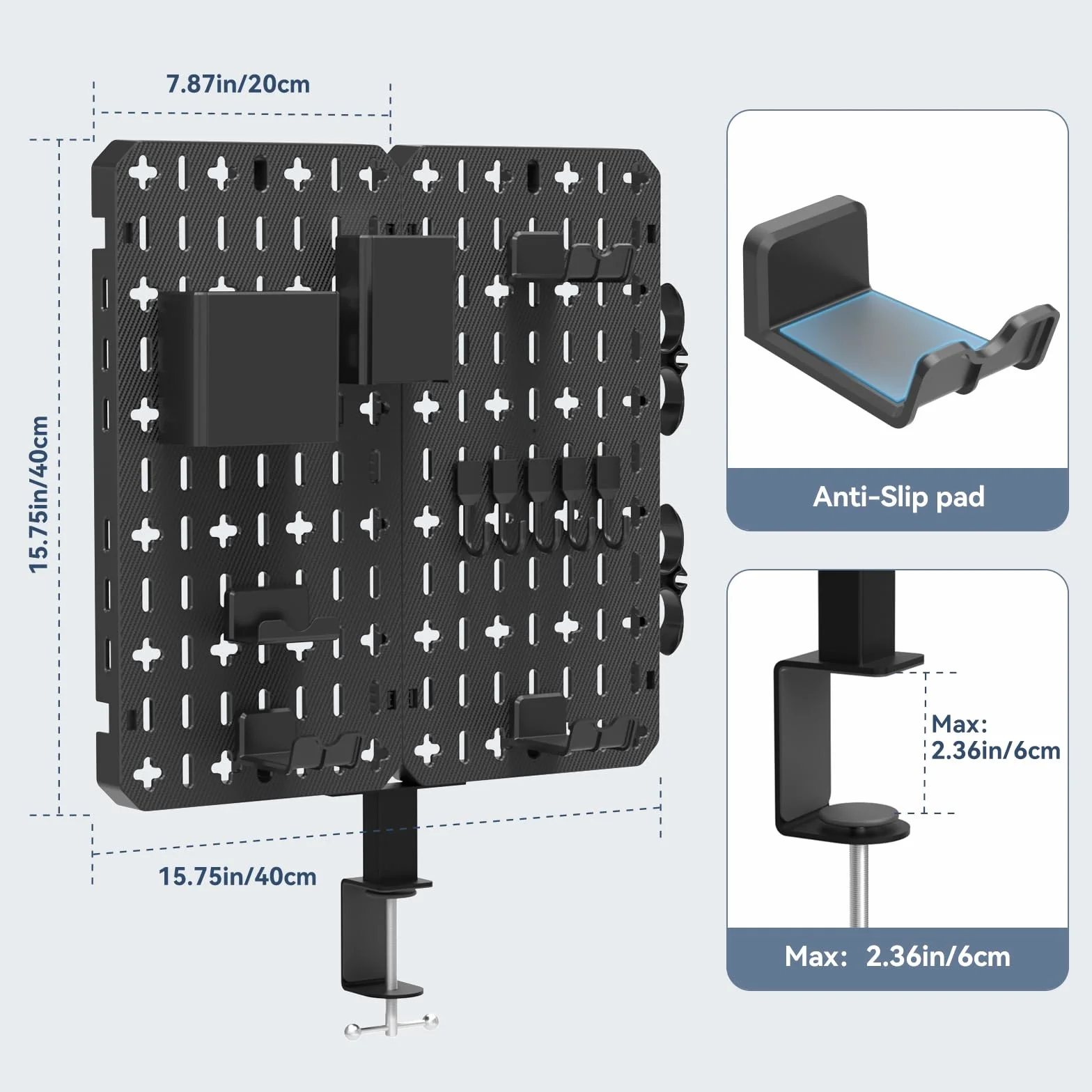 KDD Pegboard biurkowy 7 w 1 – bez wiercenia, tablica wtykowa do zaciskania z uchwytem na telefon komórkowy/długopis/uchwyt na słuchawki i kontroler/hakiem, zdejmowana płytka perforowana do warsztatu