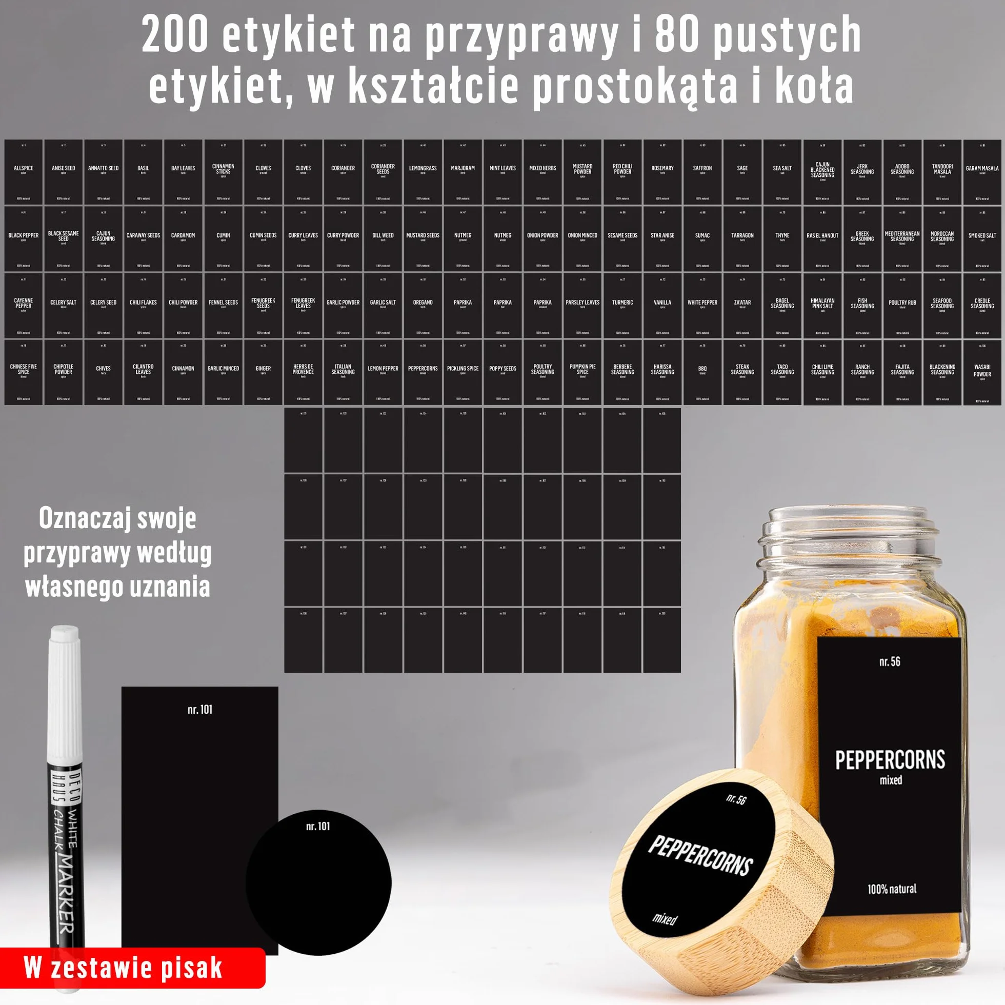 Deco haus® Słoiczki na Przyprawy z Nakrętką - Zestaw 36 sztuk - Różne Nasadki do Wytrząsarek, Lejek, Pędzelek, Etykiety i Kreda - Idealne do Naszych 4 Stojaków na Przyprawy - 120 ml, 10,8 x 4,5 cm