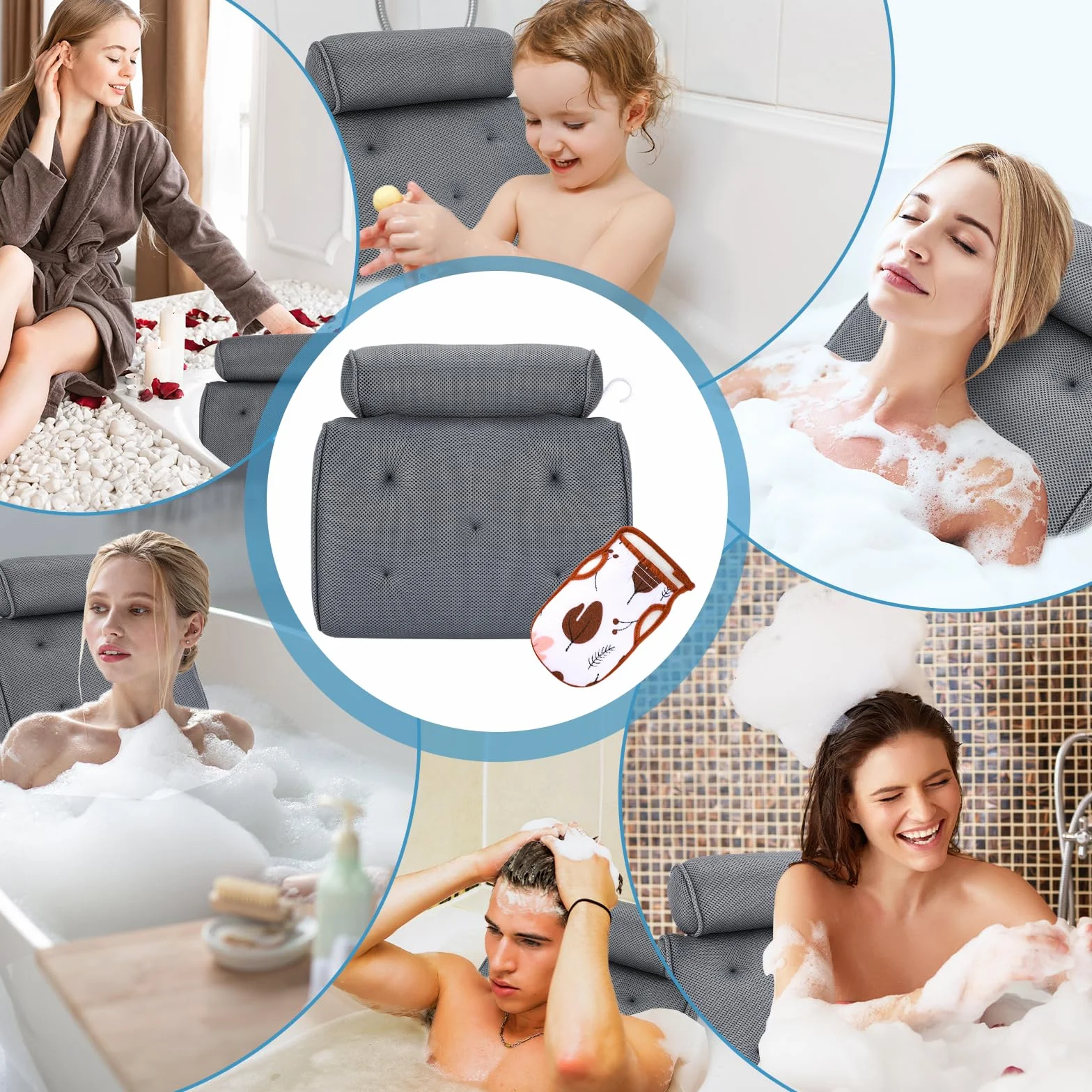 Poduszka do wanny ergonomiczna antypoślizgowa 4D Air Mesh 5 kubków z rękawicami kąpielowymi