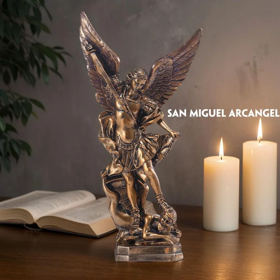 QIANLING 31,8 cm San Miguel Statuetka Archanioła, Statua św. Michała z żywicy pokrytej brązem, Święty Michał Archanioł zwycięstwo nad kolekcją szatana, nadaje się do kolekcji lub dekoracji