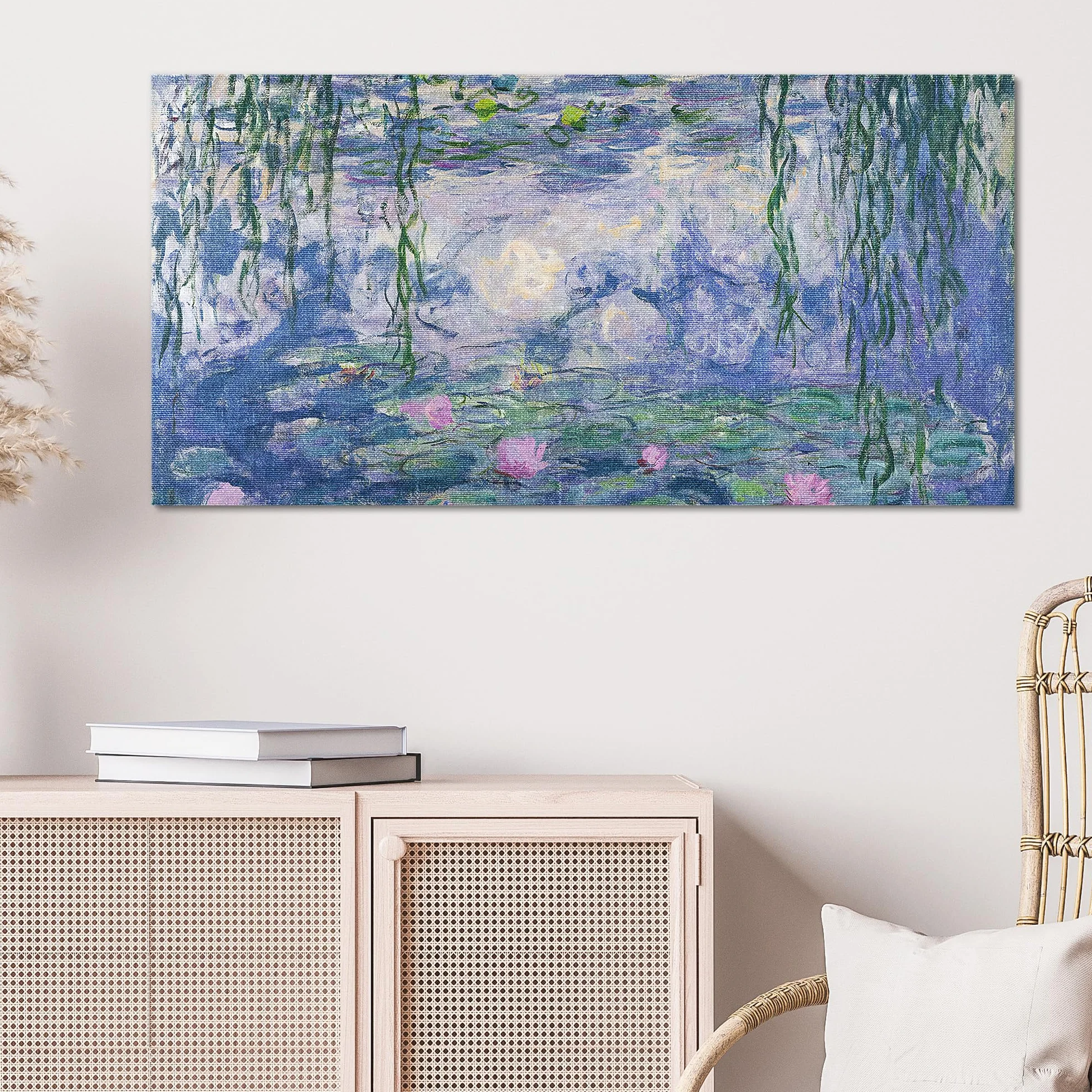 DEQOART Obraz na płótnie hybrydowy | Motyw lilii wodnej | Design Canvas 100 x 50 cm | Obraz na płótnie płaski i nowoczesny ze szkłem | obraz ścienny do salonu, sypialni, przedpokoju i kuchni