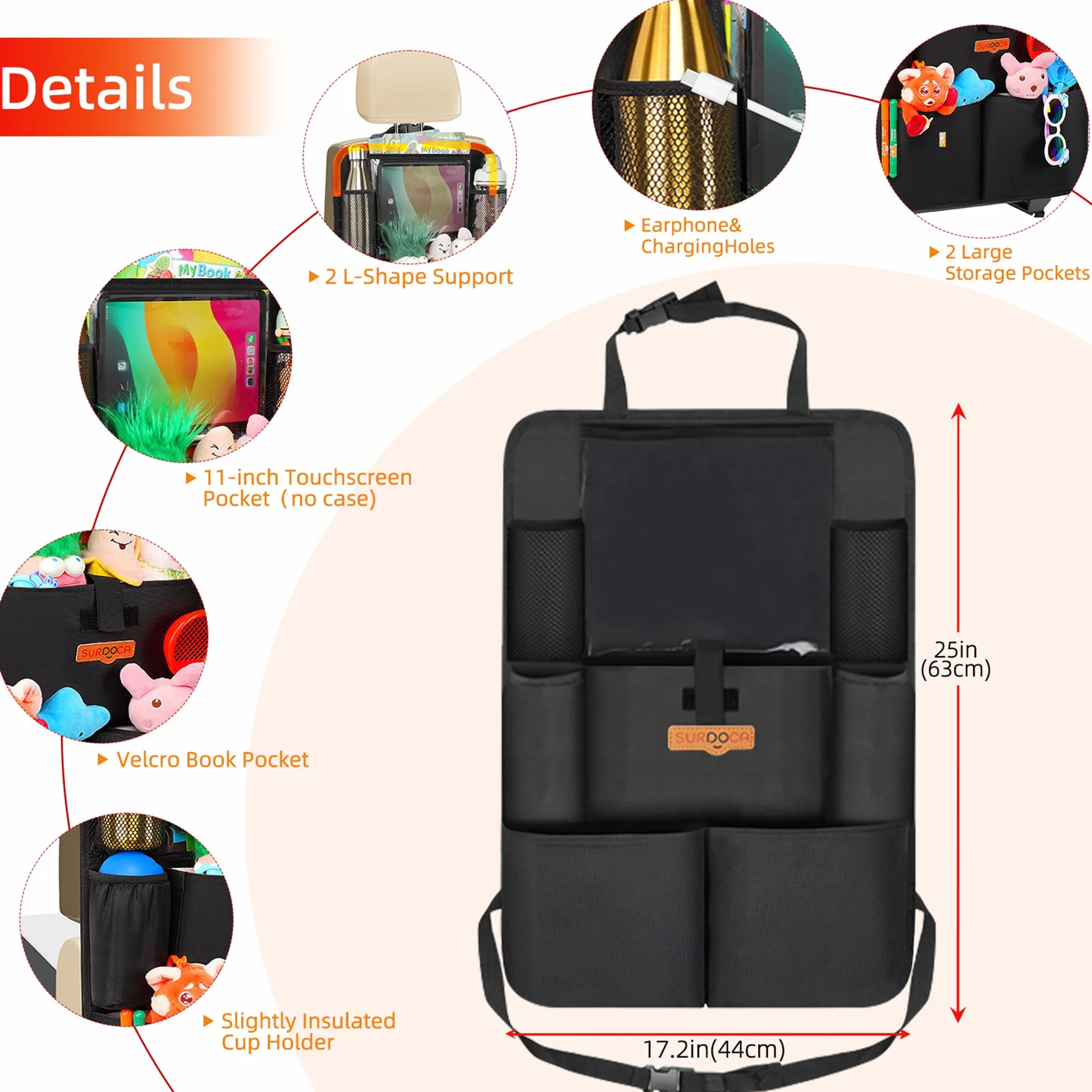 SURDOCA Organizer na fotel samochodowy – 4. generacji ulepszony organizer samochodowy na tylne siedzenie do 10,5 tablet i 9 kieszeni, przechowywanie zabawek dla dzieci, wodoszczelny (1 PC, Czarny)