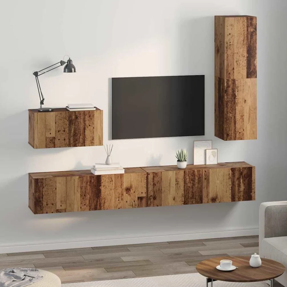 Szafka pod telewizor zestaw 4-częściowy, wygląd starego drewna, 200 x 30 x 30 cm, materiał drewnopochodny, montaż na ścianie, miejsce do przechowywania do salonu, konsola medialna