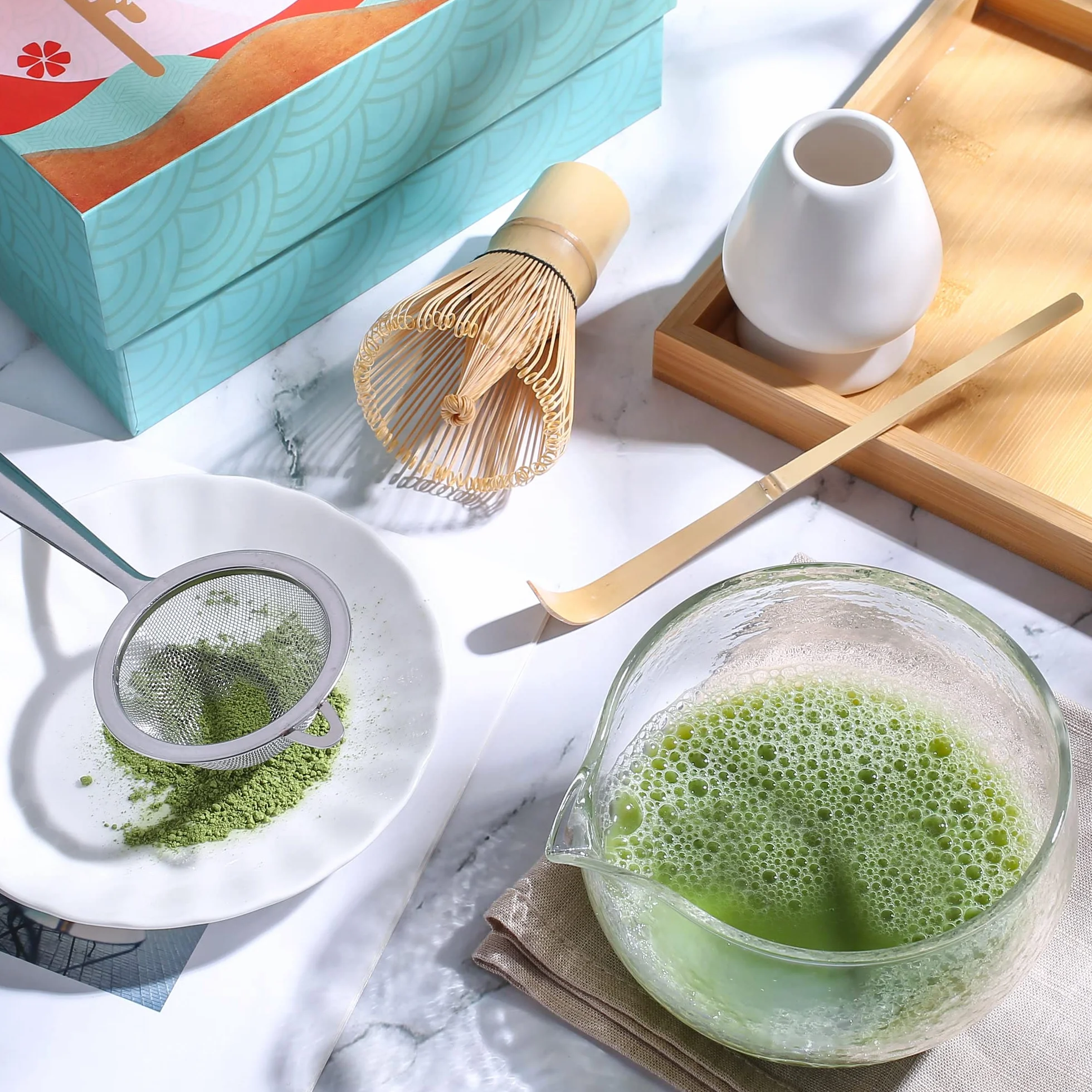 Teksturowana szklana miska na matcha z wylewką - ręcznie wykonana japońska miska na ceremonię herbaty Matcha Green Tea 400 ml
