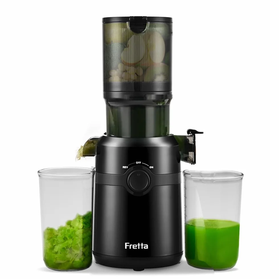 Wyciskarki do soku na zimno, wyciskarka wolnoobrotowa Fretta z 108 mm i 1,0 l zbiornikiem na całe owoce i warzywa, 200 W wysokowydajna wyciskarka do soku, Tritan bez BPA, (czarny black)