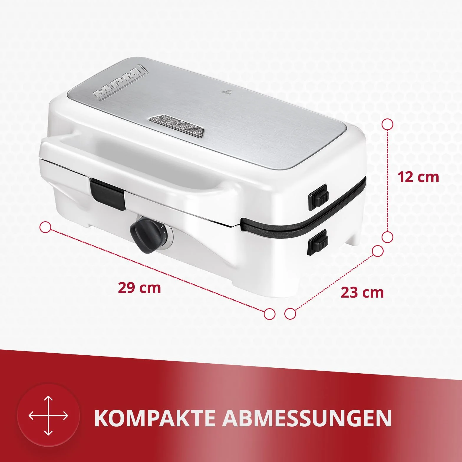 MPM MOP-33M Opiekacz 3in1, Płyty 2 Gofrów, Płyty 4 Trójkątnych Kanapek, Grillowe, Powłoką Zapobiegająca Przywieraniu, Regulacją Temperatury, Biały-srebrna obudowa ze stali nierdzewnej, 1200W