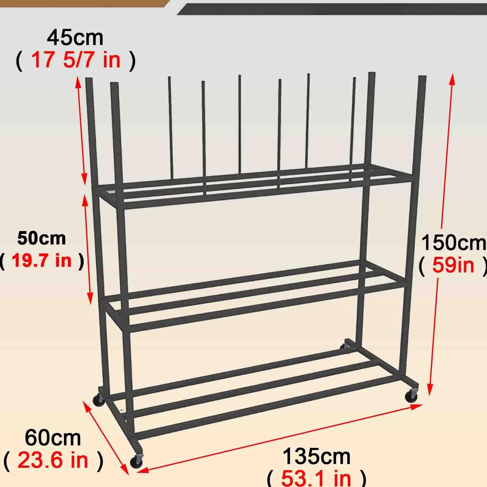 Przenośny stojak kartonowy z kółkami, wytrzymała przegroda kartonowa do magazynu lub przeprowadzki, czarny żelazny wyświetlacz (135 x 60 x 150 cm, mieści 140-200 pudełek)