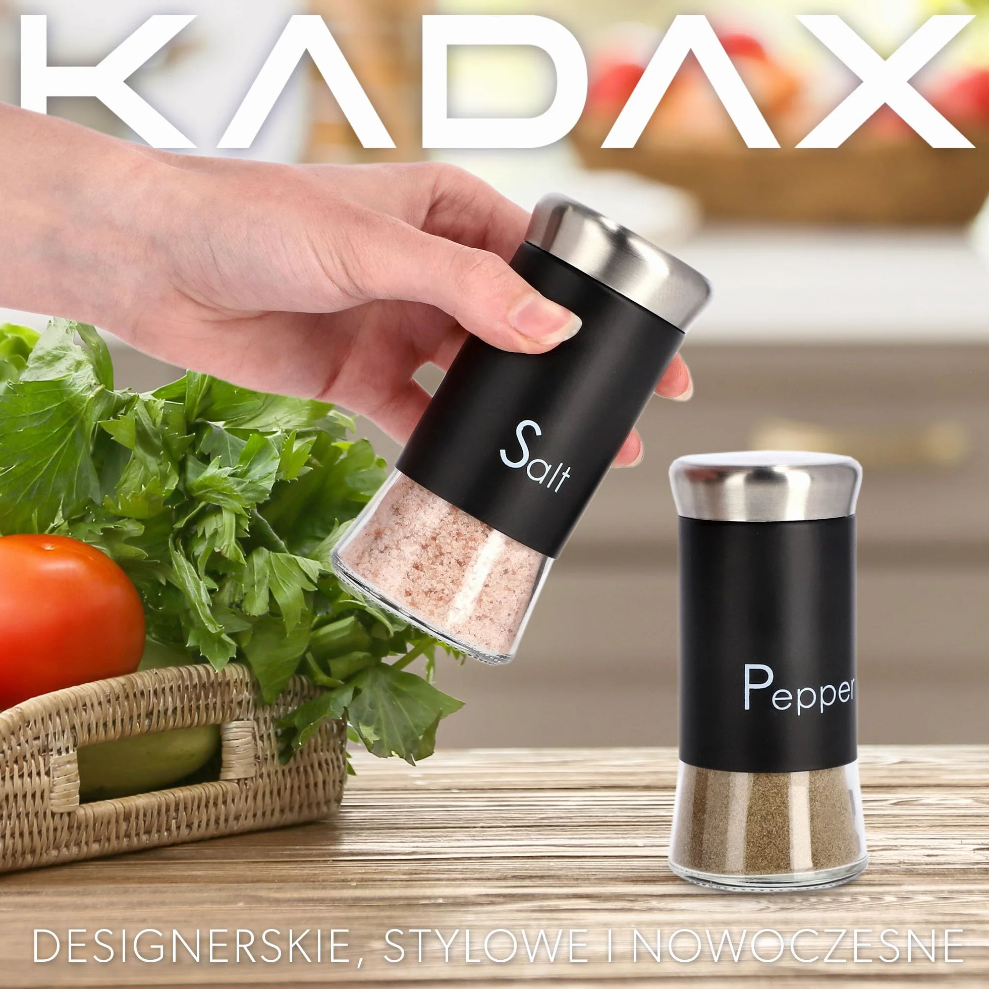 KADAX Zestaw 2 szt. przyprawników kuchennych - solniczka i pieprzniczka 150 ml ze szkła i stali nierdzewnej, z pokrywką, czarne wykończenie