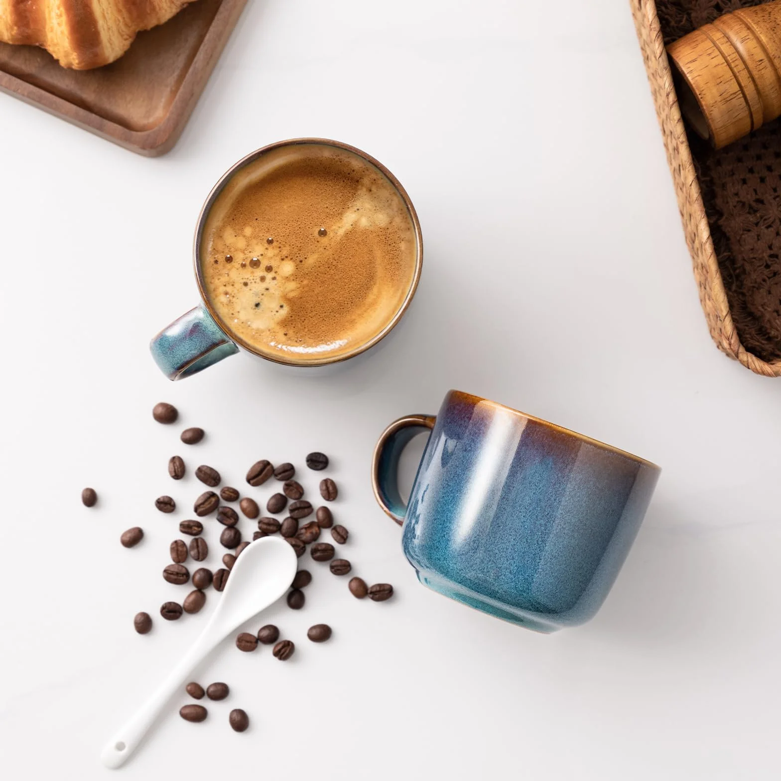6-częściowy zestaw kubków do kawy, ceramiczne filiżanki do herbaty, wielofunkcyjne, odporne na zmywarkę i kuchenkę mikrofalową, kubek do kawy 360 ml, niebieski kubek kawowy