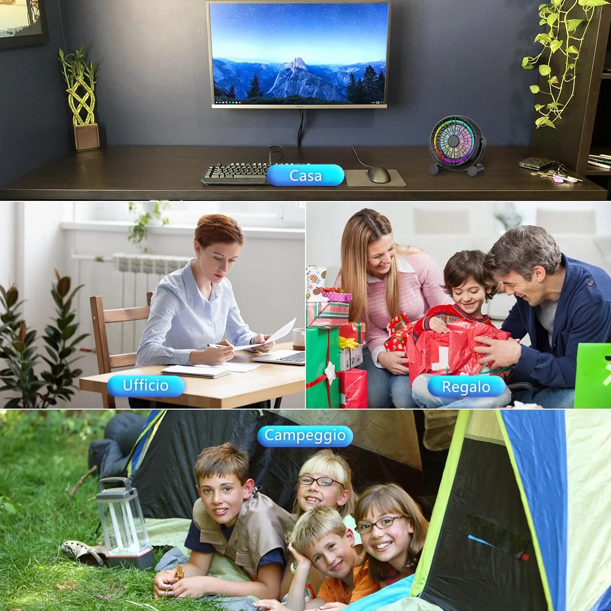 Wentylator biurkowy USB RGB – 3 prędkości, cichy, przenośny wentylator stołowy, 8 kolorów diod LED, obrót o 360°, mały wentylator do domu, biura, na biurko, do sypialni