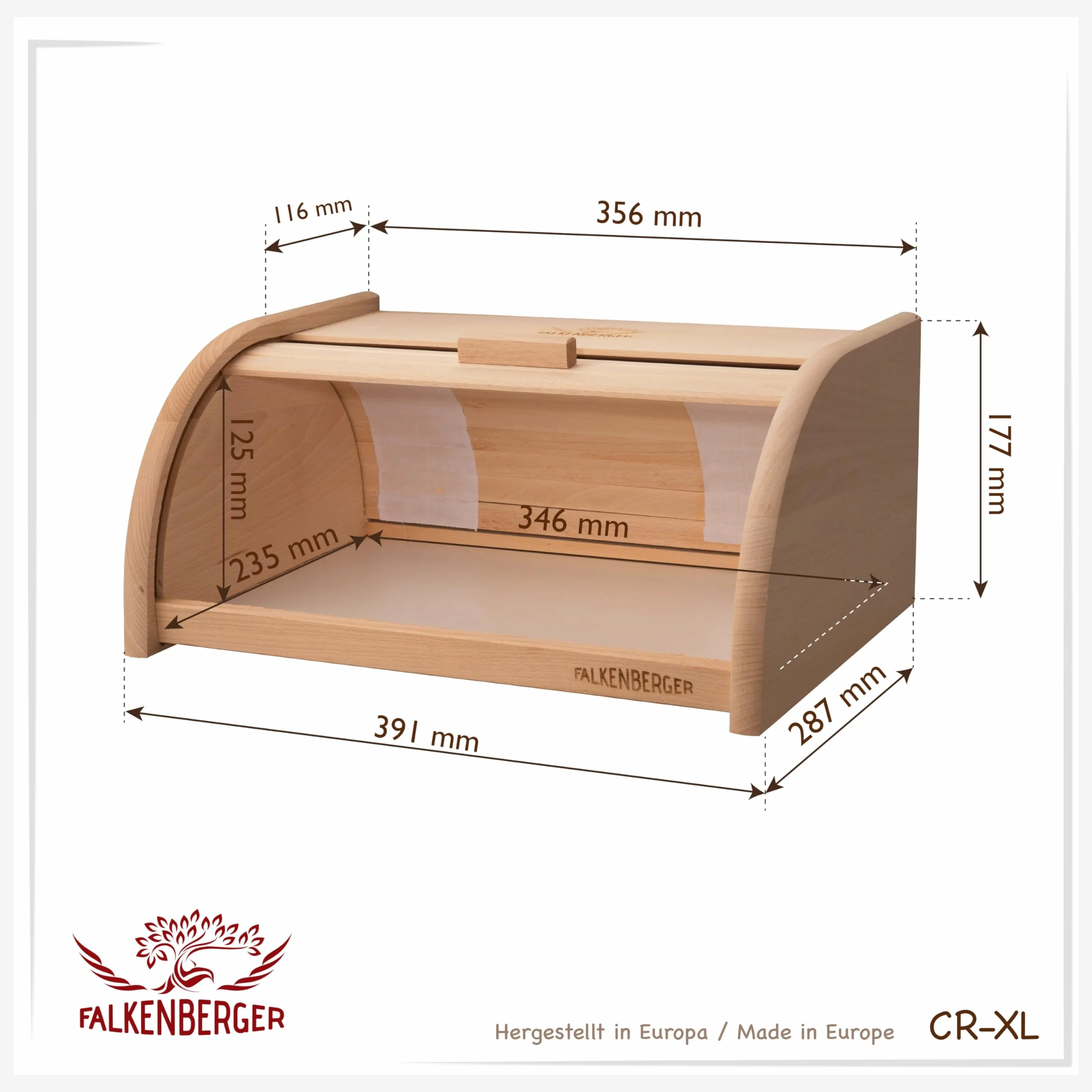 Chlebak z drewna bukowego ok. 38 x 28 x 18 cm XL chlebak tradycyjny pojemnik na chleb z rolowaną pokrywką, ręcznie wykonany