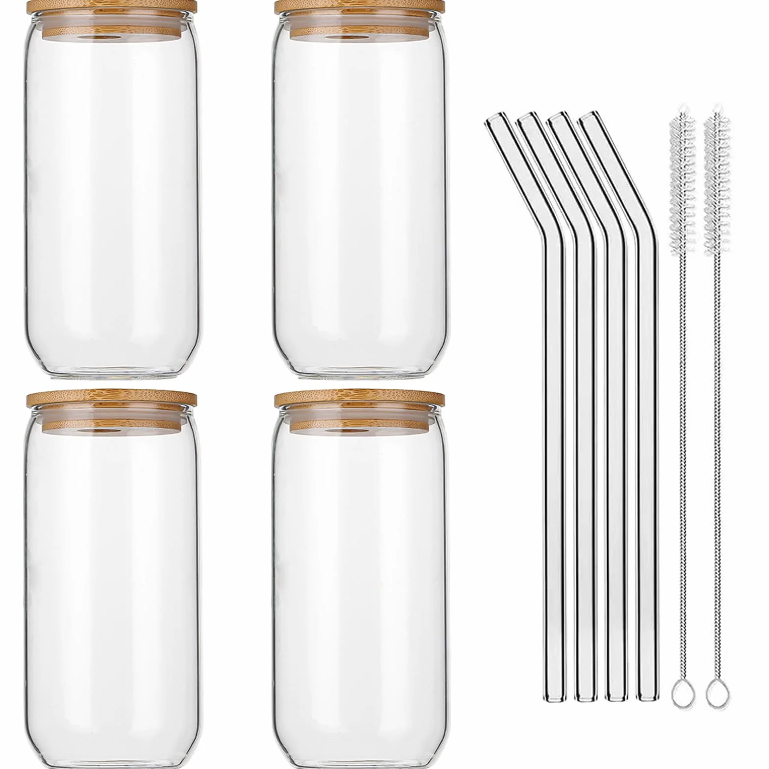 Zestaw 4 szklanek do kawy mrożonej, 16oz/470ml, DIY Party ręcznie robione szklanki do picia, ze szklanymi słomkami i bambusowymi pokrywkami, do wody, herbaty mlecznej, piwa, coli z lodem