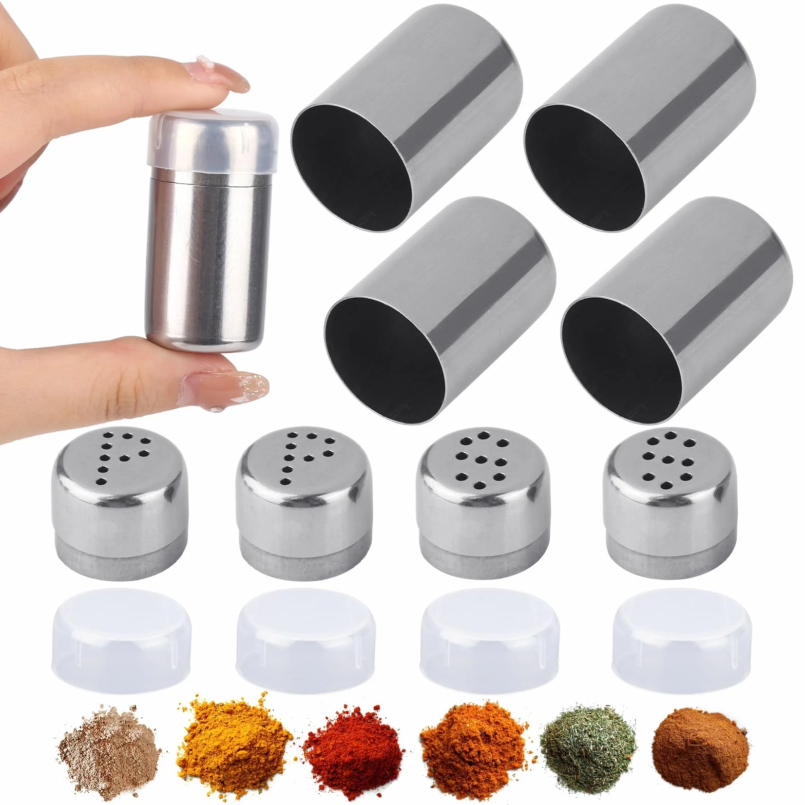 4 mini solniczki, 5 ml, stali nierdzewnej, z pokrywką, do przypraw, na kemping, grillowanie i domowe użycie