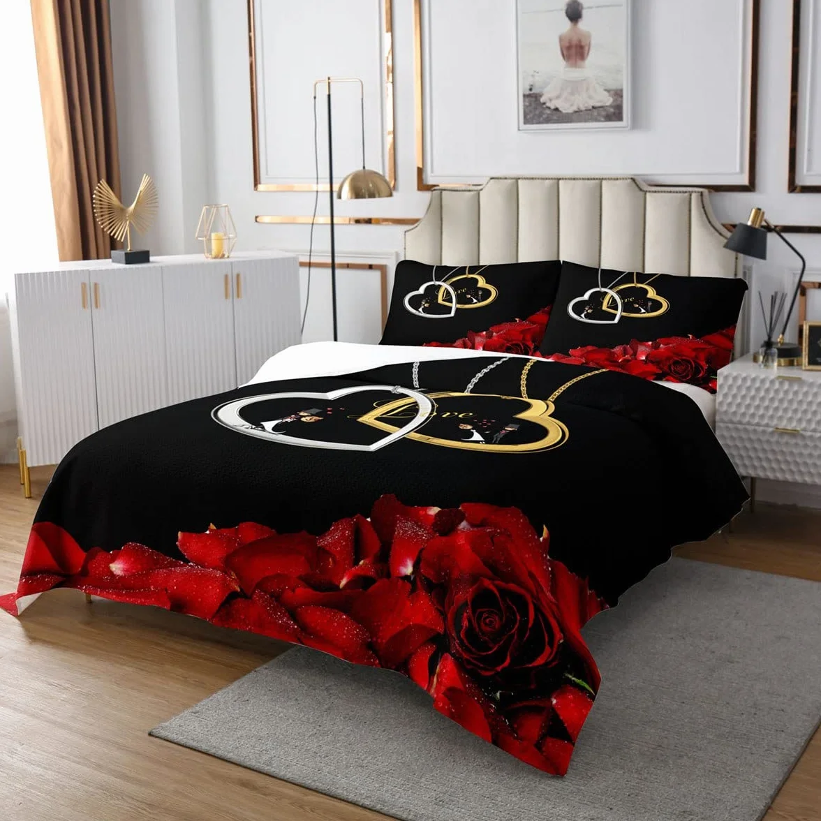 Couple Lover narzuta dzienna dla dziewcząt, nastolatków, na wesele, serce, naszyjnik, komplet 3-częściowy, dekoracyjny z 2 poszewkami na poduszki, czerwone kwiaty, pościel z mikrofibry, pikowana, 220