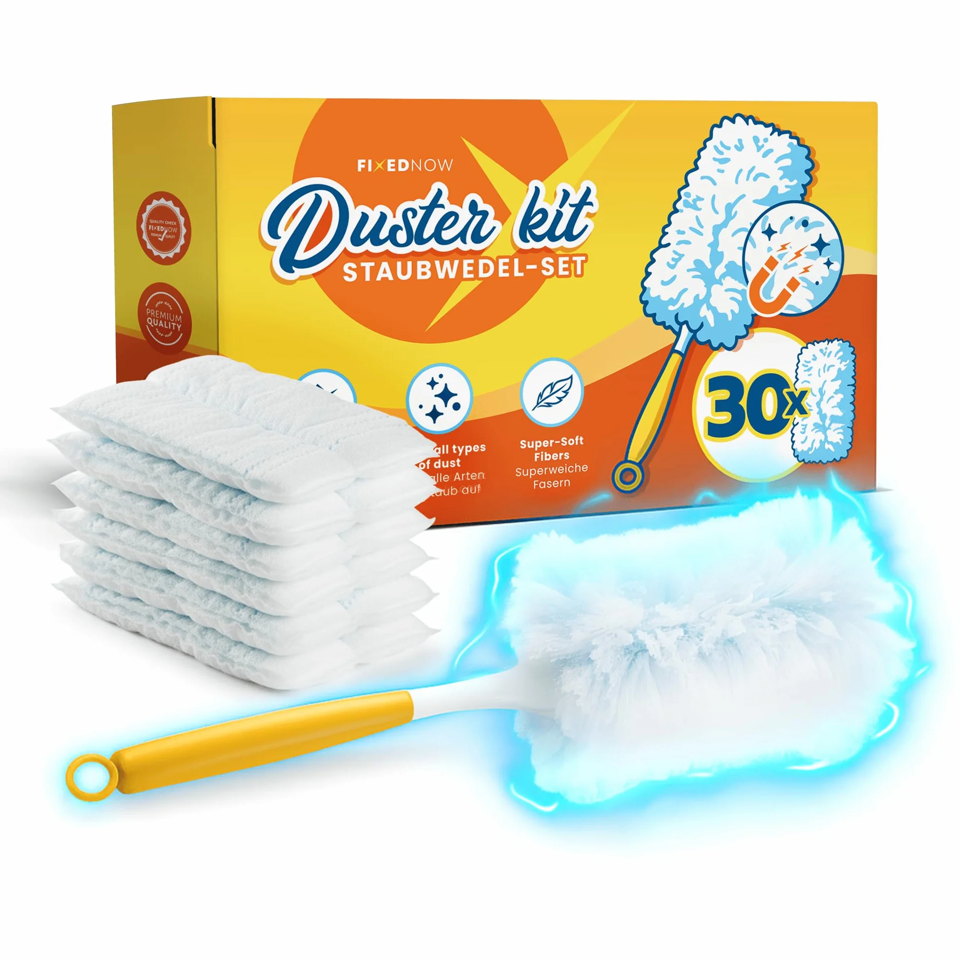Zestaw 30 ściereczek do kurzu XXL z magnesem, zamiennik do Swiffer Duster, zestaw miotełek do kurzu z trzonkiem do czyszczenia na sucho, wkład wycieraczek do domu i samochodu