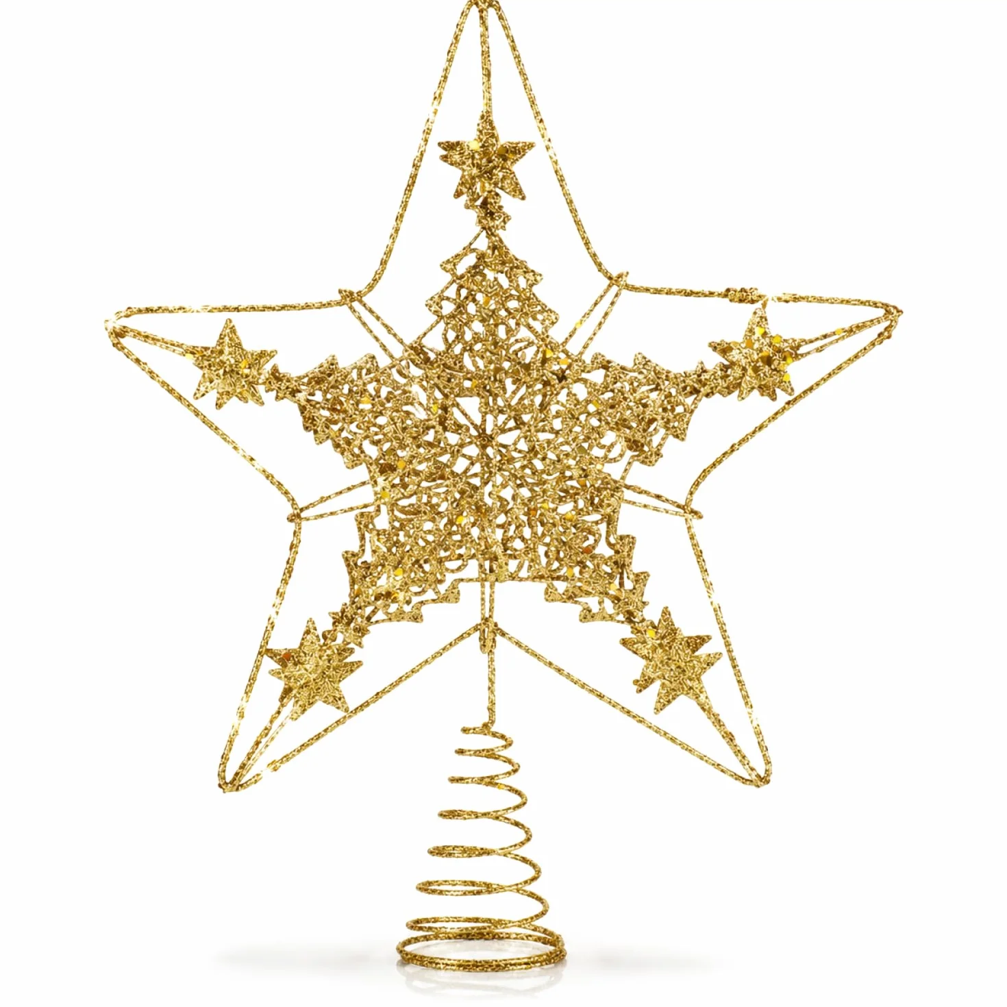COM-FOUR® deco star Christmas - Ozdoba swiateczna gwiazda wykonana z metalu - stojaca poinsecja z brokatem - zloty wierzcholek choinki (zloty / 28cm)