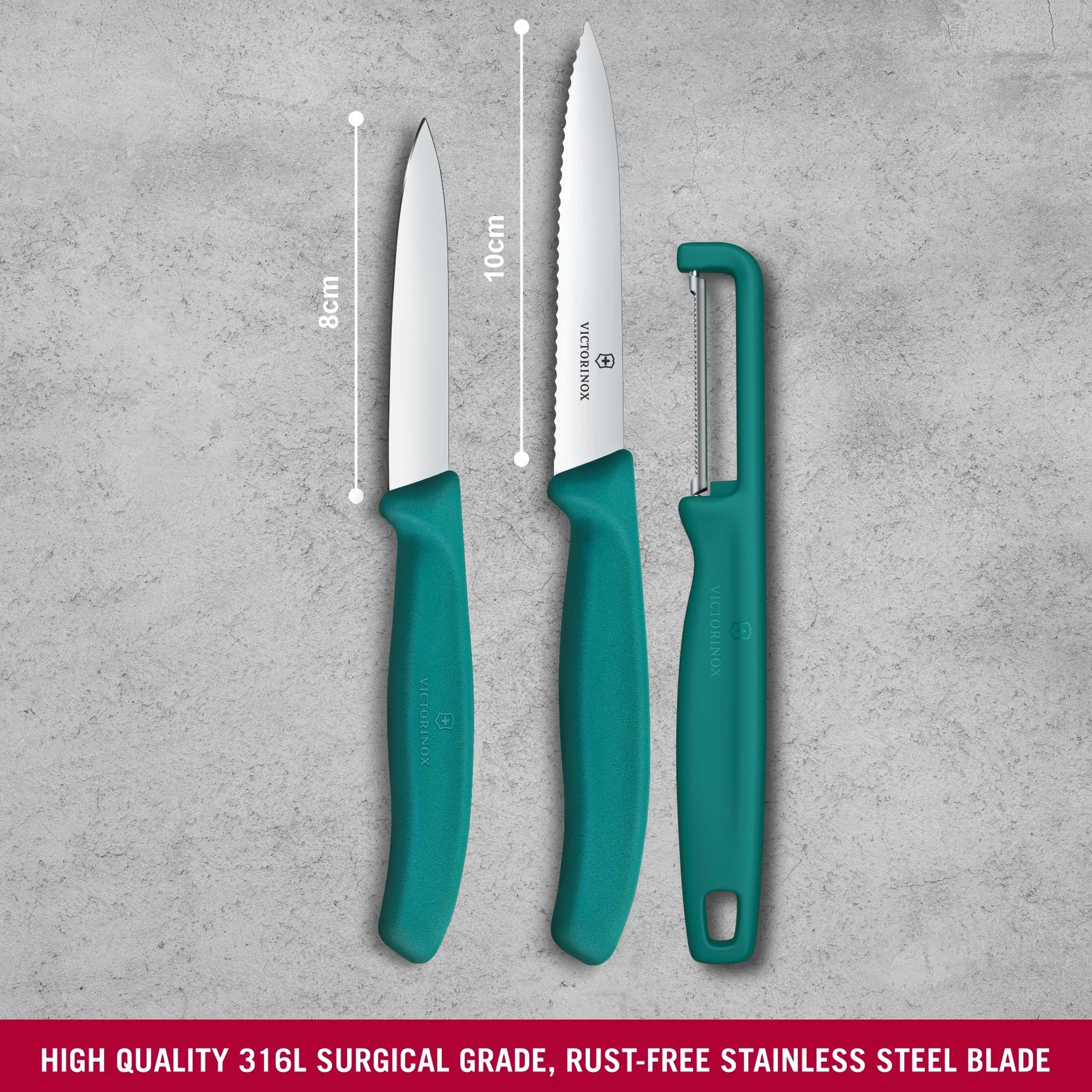 Victorinox Swiss Classic nóż do obierania z obieraczką, obieraczką i nożem do pomidorów, zestaw 3-częściowy, bardzo ostre ostrze, zielone