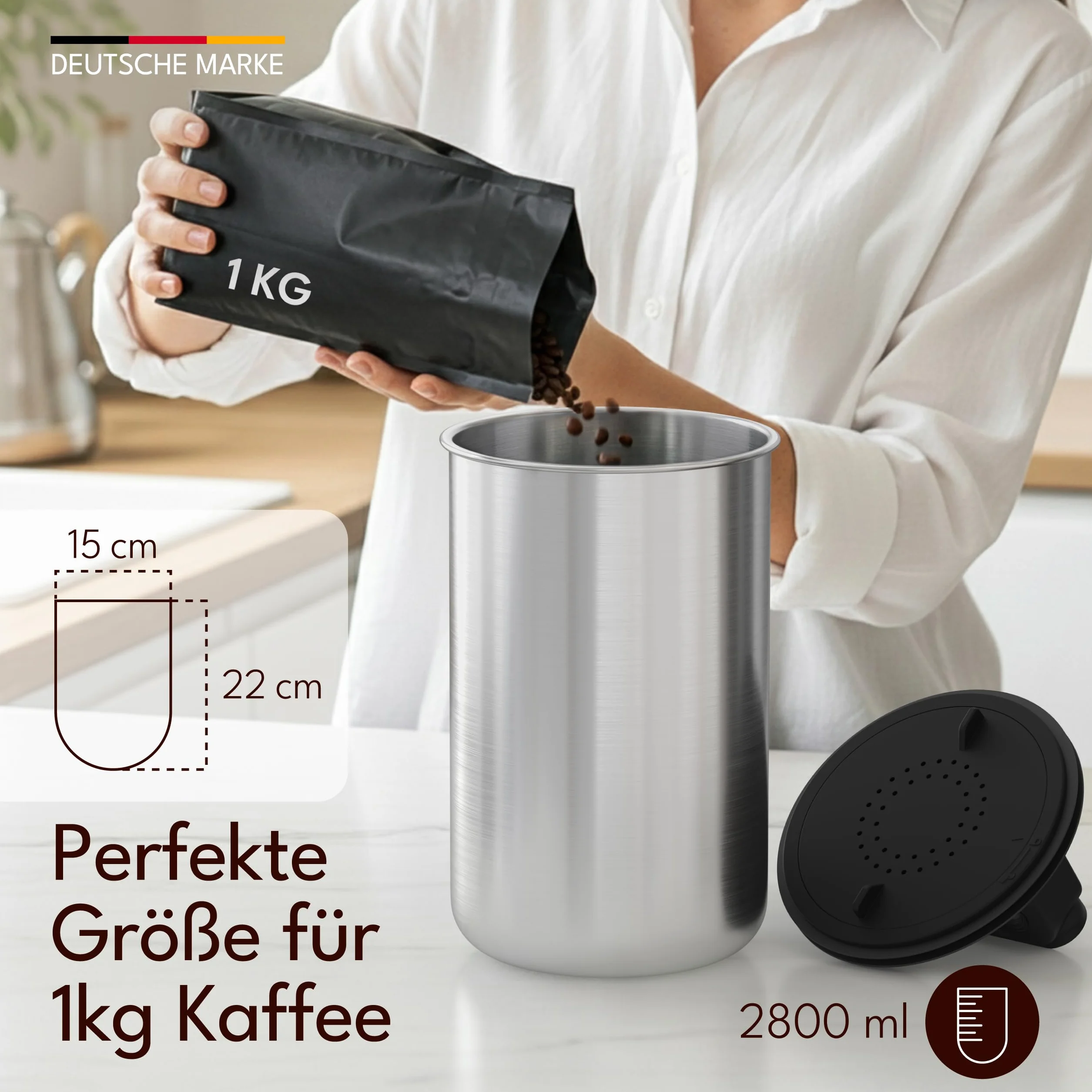 KC Kitchen & Co. Hermetyczny słoik na 1 kg ziaren kawy, słoik ze stali nierdzewnej, z pokrywką próżniową i aromatycznym korkiem, pojemnik na kawę, herbatę, cukier, srebrne płatki śniadaniowe