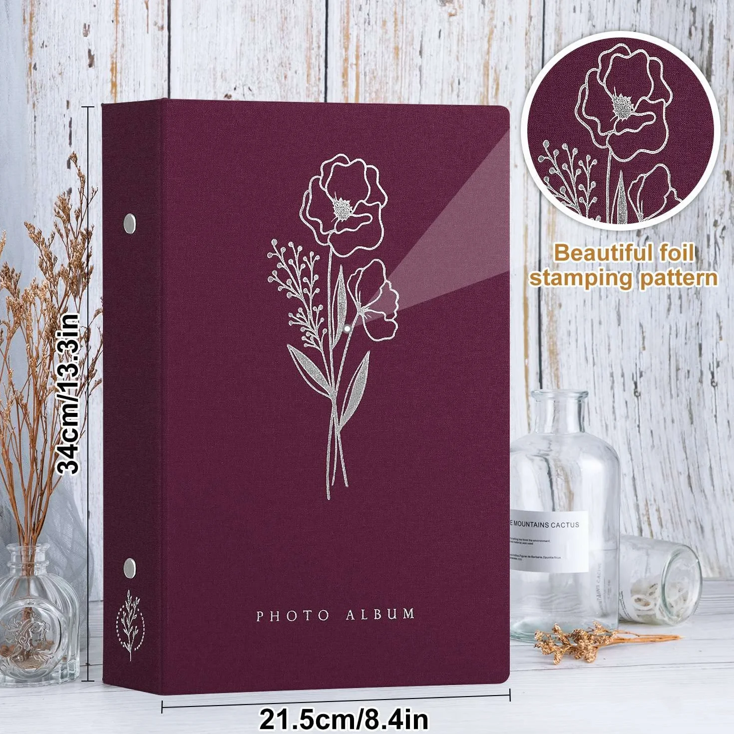 Lanpn Album na zdjęcia, lniany, 300 kieszeni, pomieści tylko zdjęcia poziome w rozmiarze 10 x 15 cm, fioletowy