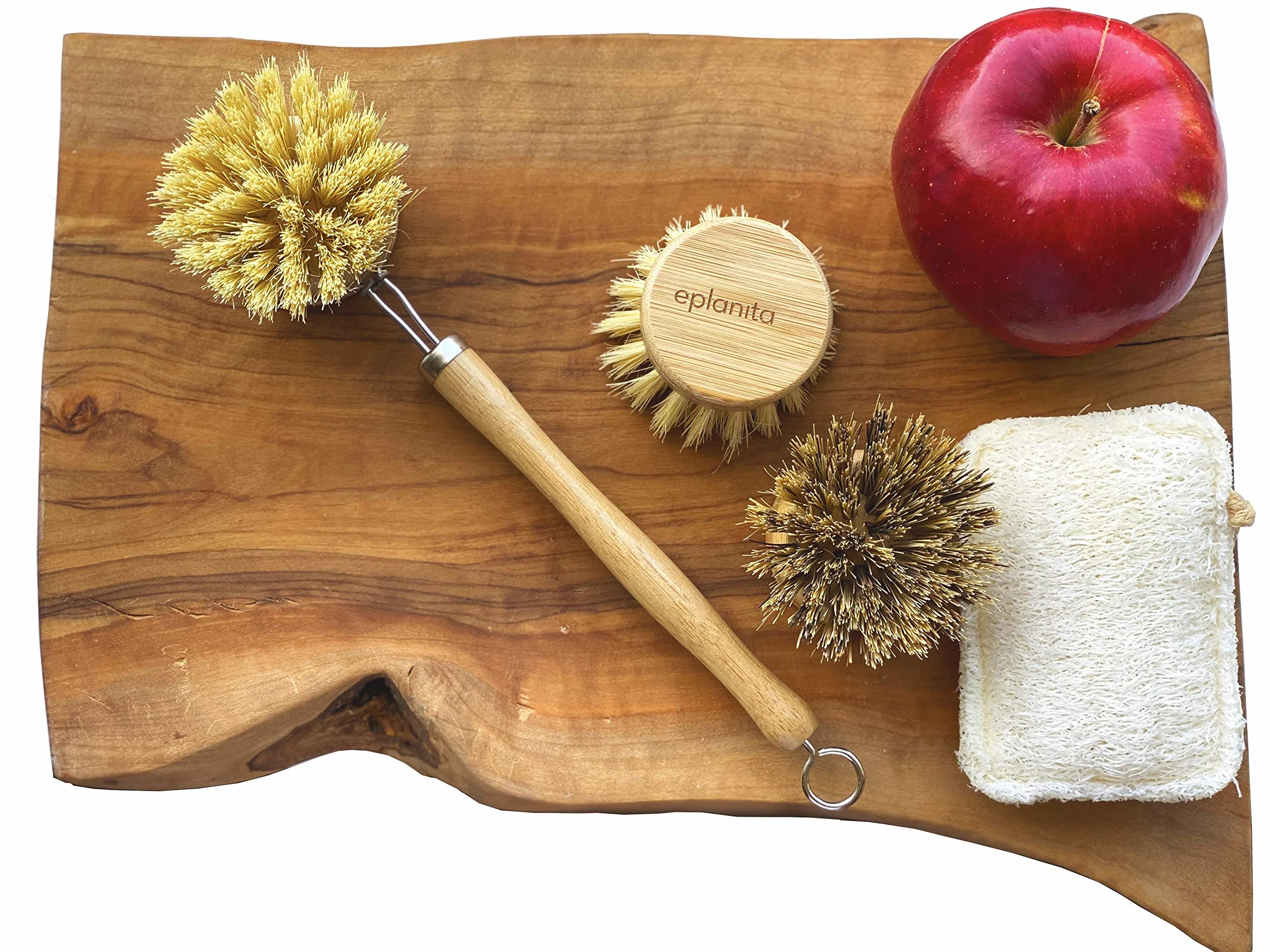 eplanita Naturalna Bambusowa Szczotka do Naczyń z Ergonomicznym Uchwytem i 3 Wymiennymi Końcówkami – Gąbka Roślinna, do Garnków, Patelni i Zlewu, bez Plastiku, Zero Waste