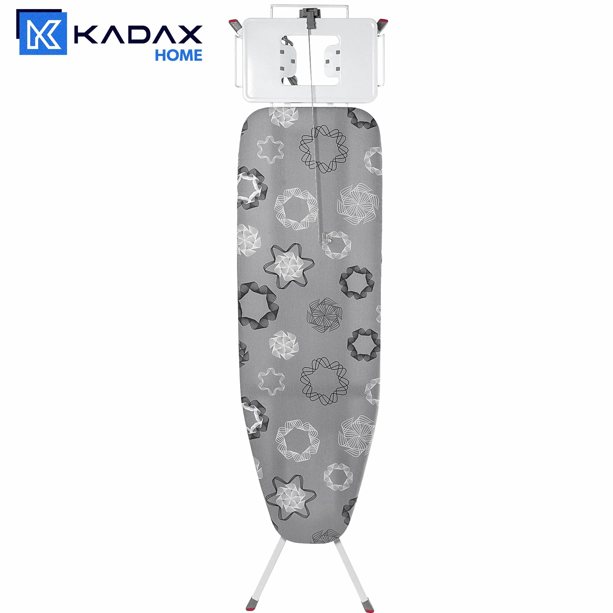 KADAX Deska do prasowania 120 x 38 cm do ubrań i pościeli z gniazdem elektrycznym i półką na żelazko, regulacja wysokości i antypoślizgowe nóżki zapewniają stabilność