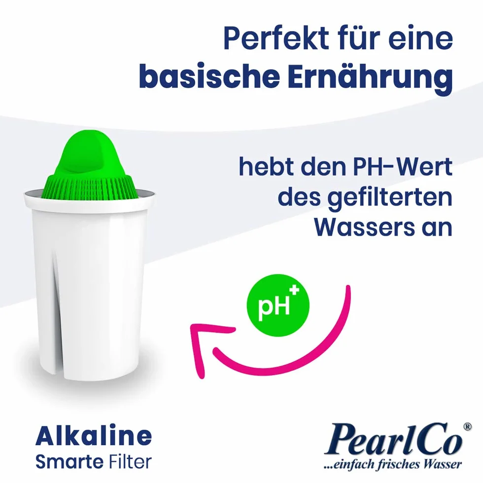 PearlCo - Szklany filtr do wody (biały) z 1 wkładem filtrującym alkalicznym Classic + 1 butelka do picia ze szkła