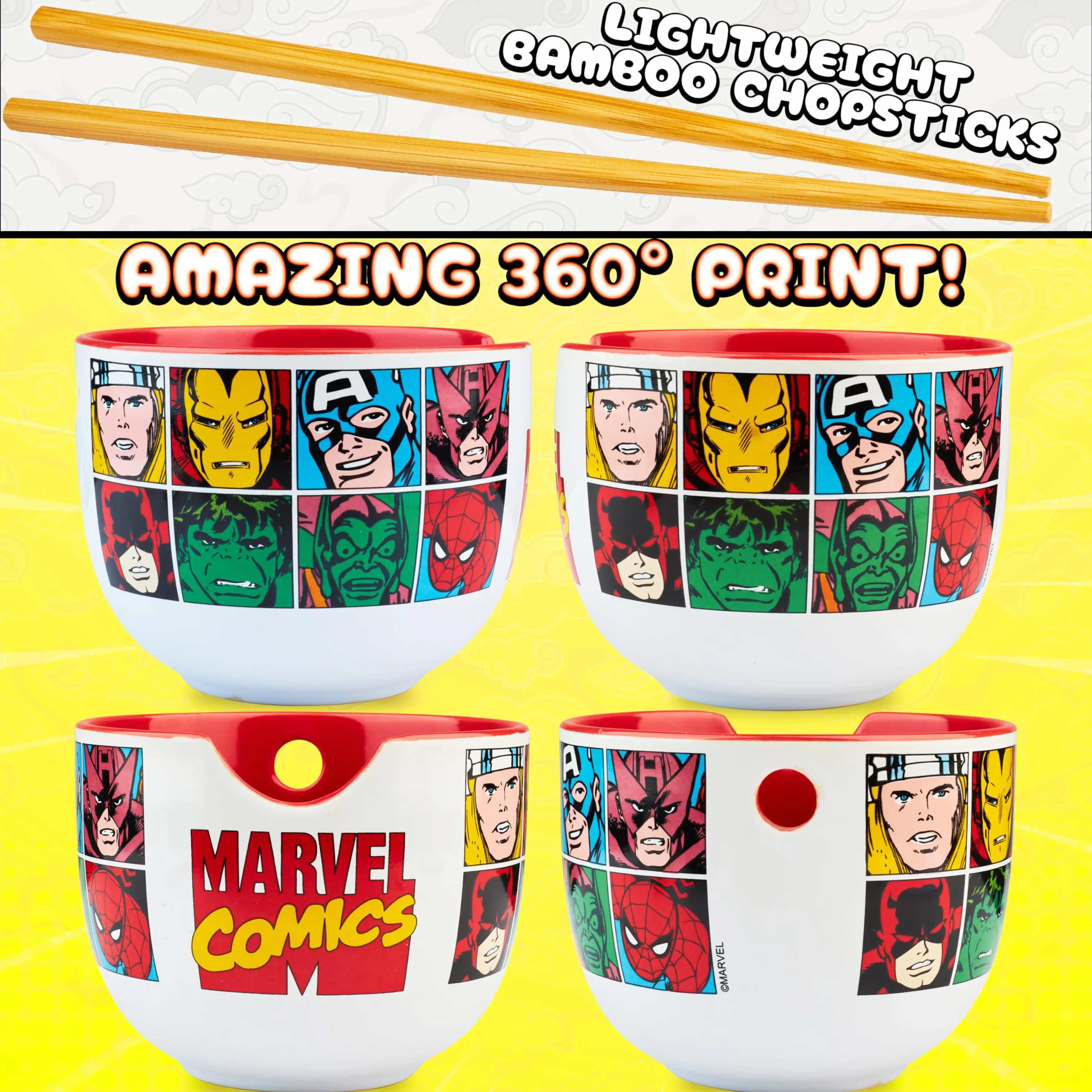 Get Trend Marvel Zestaw miseczek ramenowych 600 ml, japońska miska do makaronu z ceramiczną łyżką, bambusowe pałeczki, kompatybilna z mikrofalówką, prezent superbohatera