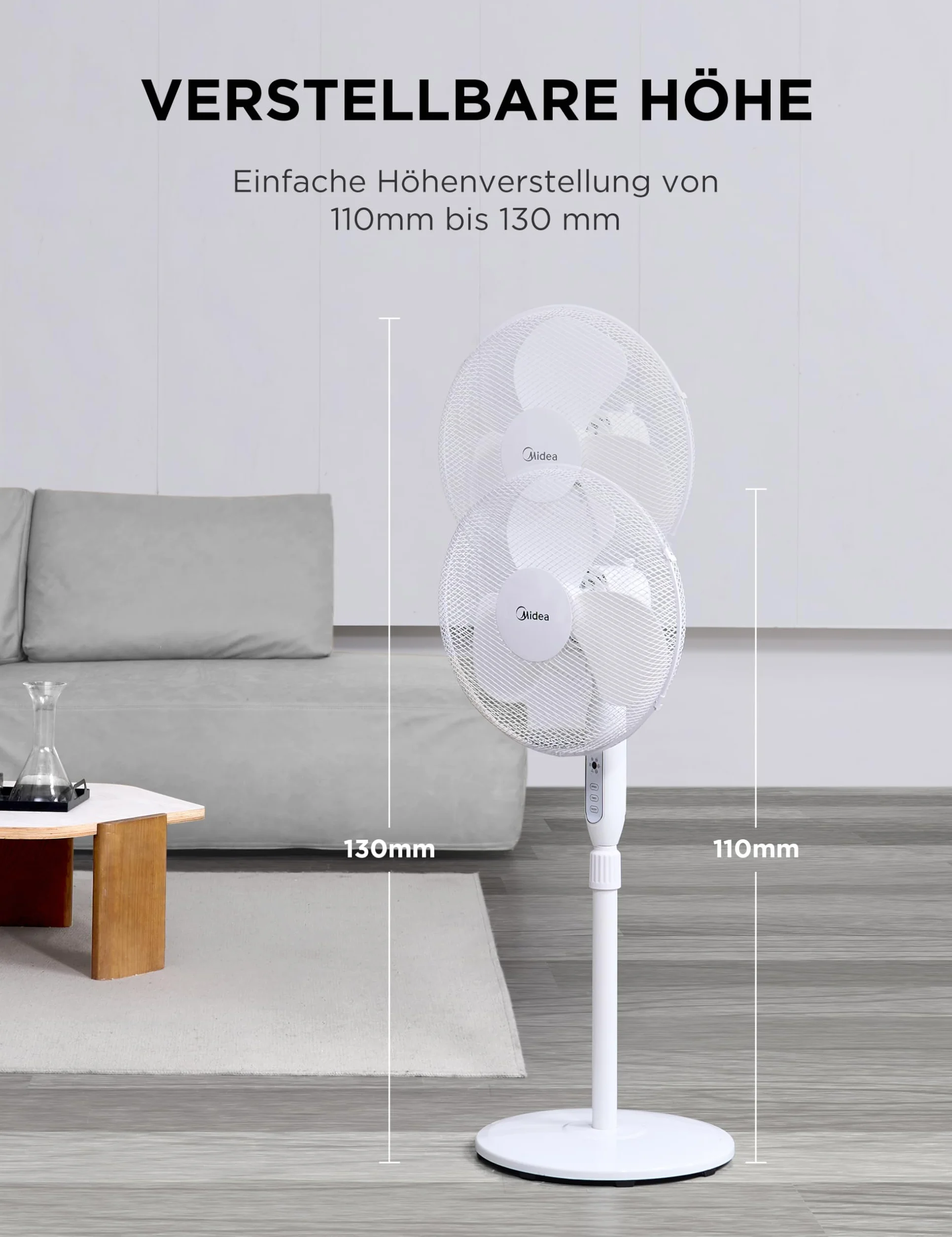Midea MFS400M0APW0 wentylator podłogowy 40W Regulowana Wysokość Cichy Wentylator Z Pilotem 3 Poziom Prędkości, Oscylacja 85°,Regulowana wysokość od 1,1 do 1,3 metra,Biały